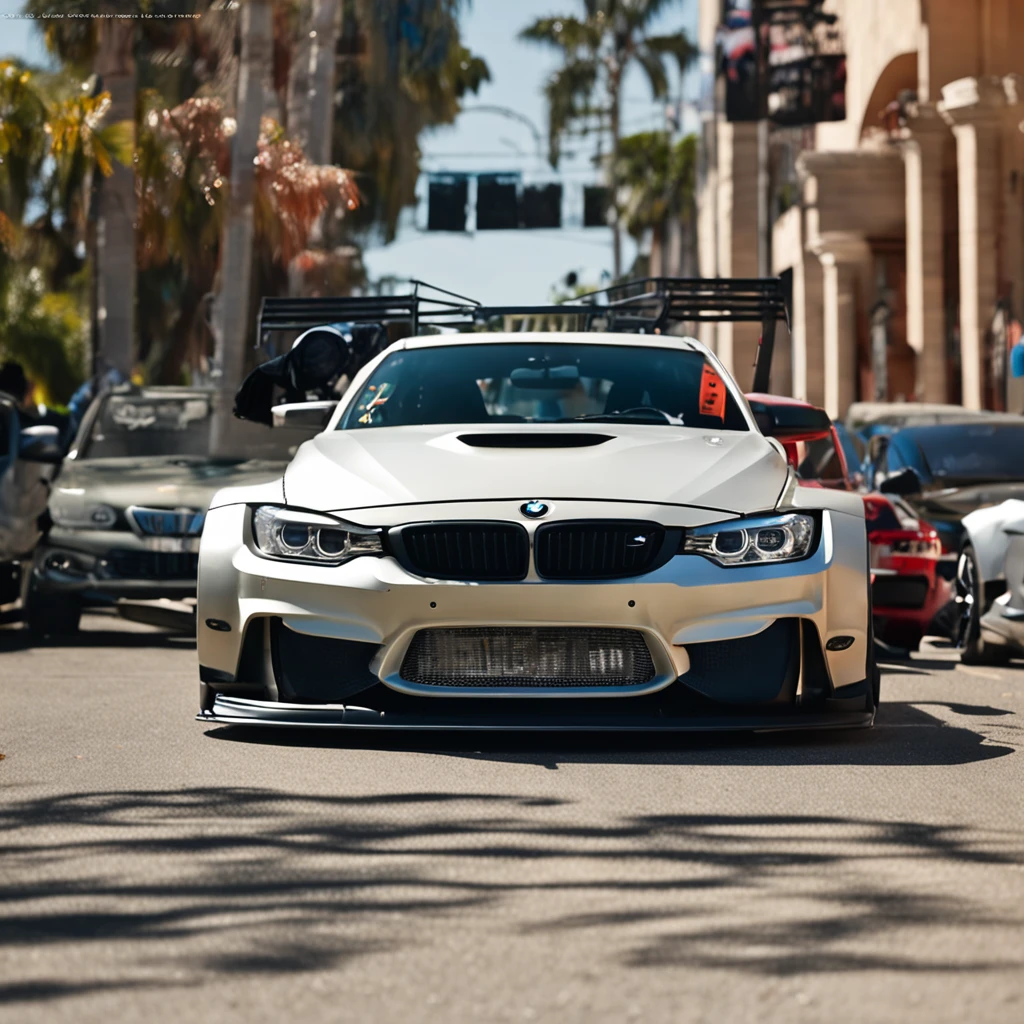 Bmw with liberty walk bodykit, riding on the road, in sunshine morning, The direction of the front of the car is on the left, Don’t make photos too cartoony