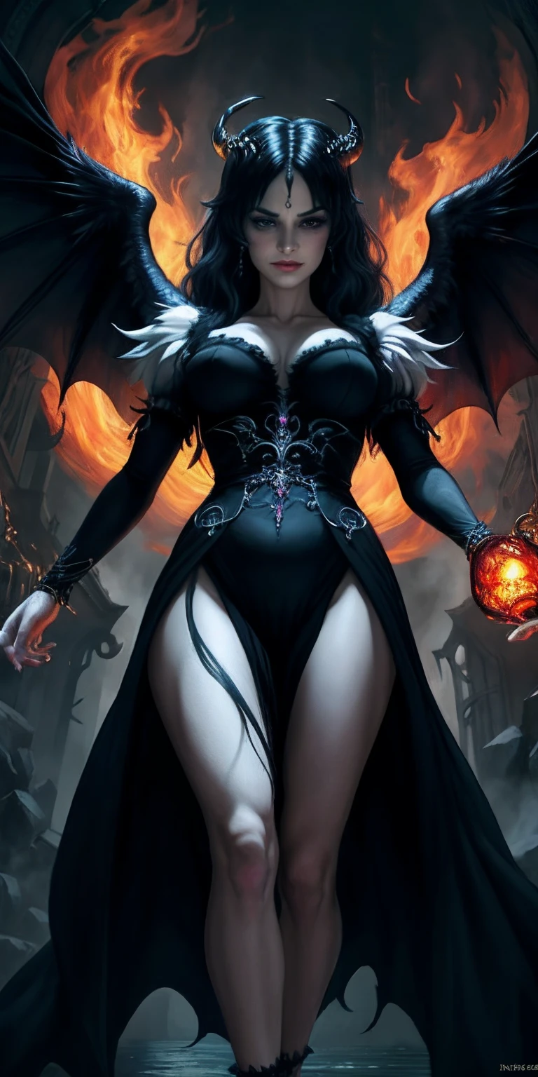 Lisa Ann ultra-detailed: The Empress of Darkness, Background to the destruction of hell, diabolique, insidieux, invincible, couronne sombre, Evil queen, Robe noire et rouge, demon wings dans le dos, Demon horn, Realistic detailed eyes, Shaded illustration of a high-quality cell in hell, corps entier, pose dynamique, anatomie parfaite, centered, Freedom, soul, Approche de la perfection, Ombrage de cellule, 8k , Cinematic dramatic atmosphere, Illumination globale, detailed and intricate environment, ArtStation, Art conceptuel, mise au point fluide et nette, volumeric lighting, lighting cinematic