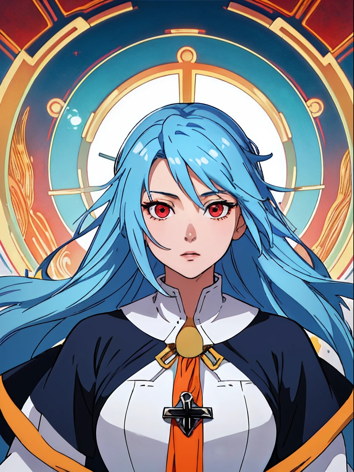 Fantasy background、(​masterpiece、top-quality:1.2)、((facing front:1.2))、With bangs、lightblue hair、Longhaire、red eyes、２０Young woman in age、((The upper part of the body:1.2))、Promotional Art、offcial art、(priestess:1.1)、Wearing a hat with a cross、Cross and blue apron、Orange Inner、With a mace、tits out