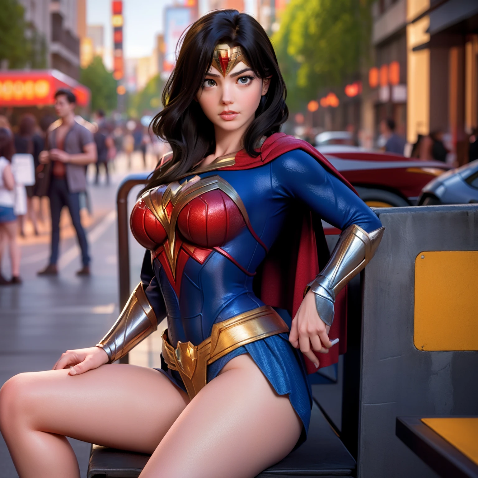 Superman as girl merge with wonder woman, sexy, sitting on bench, metropolitan background, sexy, alluring, sensual