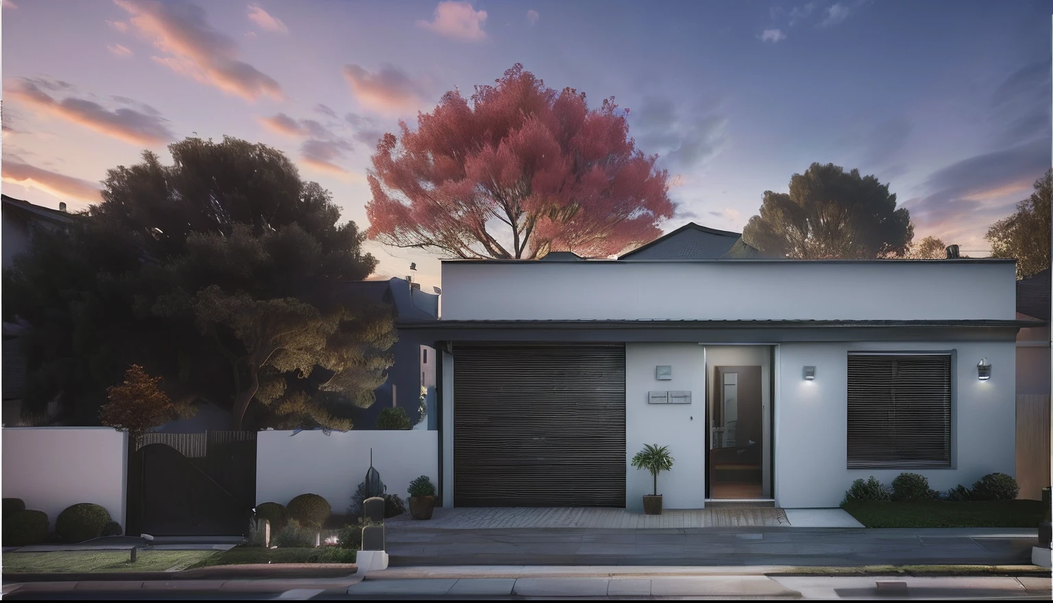 There is a small white house with a tree in the front yard, 3d render highly detailed, 3d render highly detailed, photographic render, photorealistic 3d render, photorealistic 3d render, high-quality render, architectural render, architectural 3 d render, highly photographic render, lumion rendering, 3 d render fotorrealista, night time render, architectural visualisation