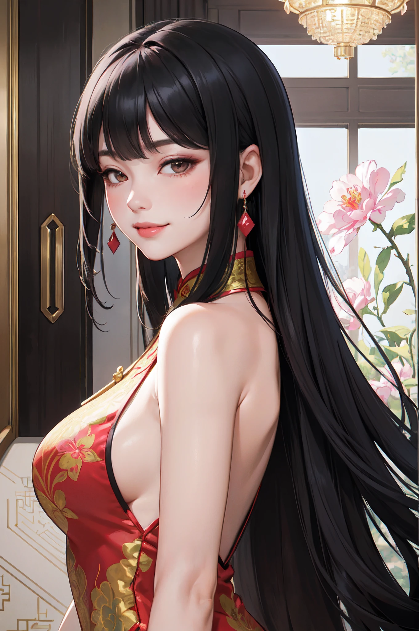 Entrance to luxury hotels(inside the house), 1 Lady Solo, maturefemale /(Black Long Hair/) Bangs, Colorful cheongsam floral, blush gentle smile, (masterpiece best quality:1.3) Delicate Illustration High Resolution Ultra Detailed Perfect Face Beautiful Skin Big Breasts