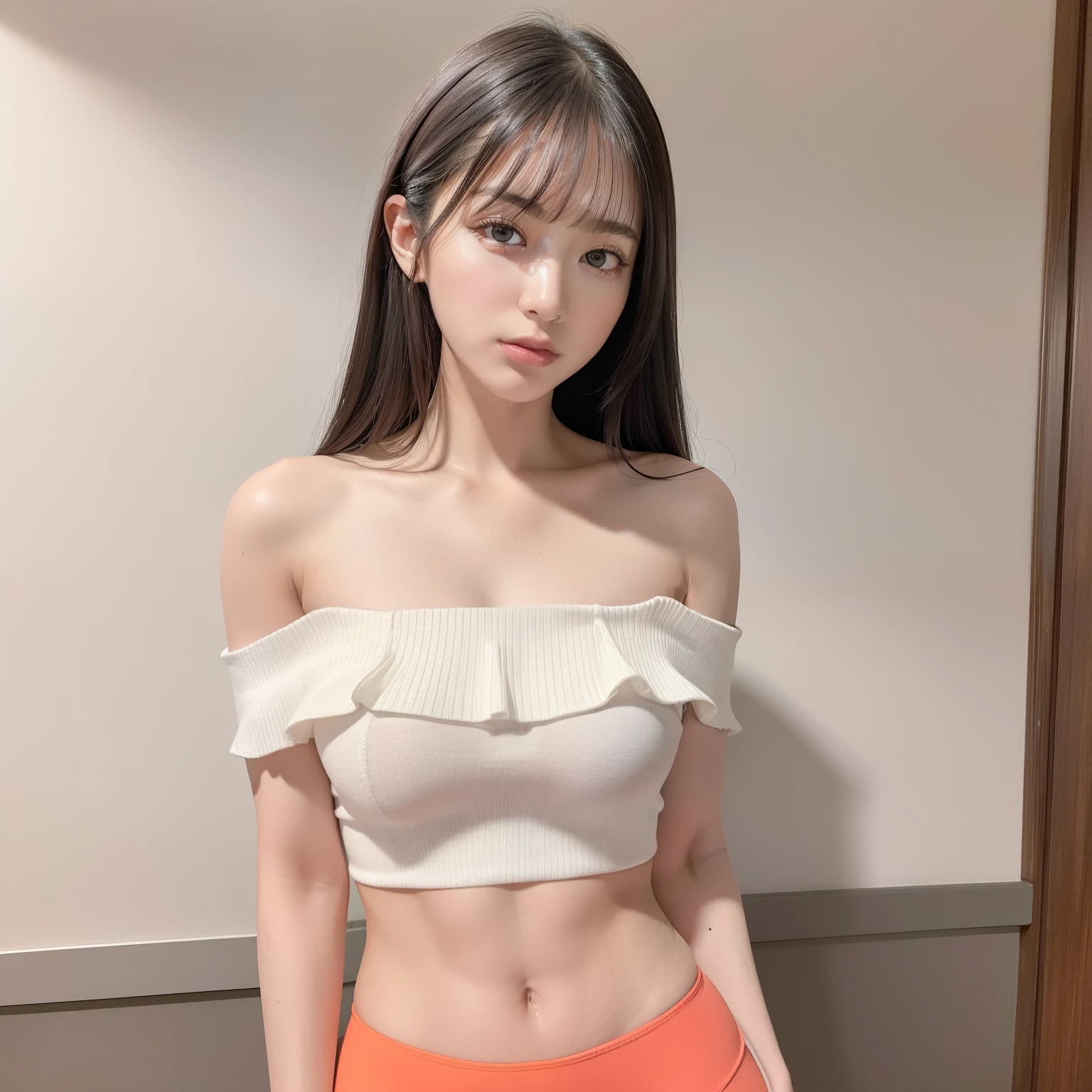 ((top-quality、8K、masterpiece:1.3))、1girl in、Pretty woman with accentuated slender abs:1.3、(Random Hair Styles)、in a house、hyperdetailed face、A detailed eye、二重まぶた、Emphasis on the chest、huge tit、Emphasis on the buttocks