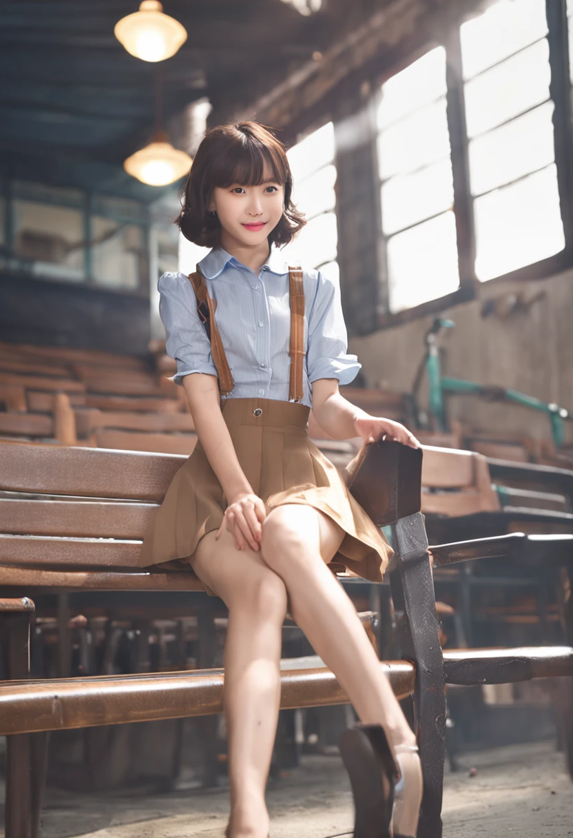 Top image quality、Beautuful Women、High school students、cute little、二重まぶた、爆乳、Brown-skinned、Super delicate face、a blue skirt、dress shirt、thighs thighs thighs thighs、school classrooms