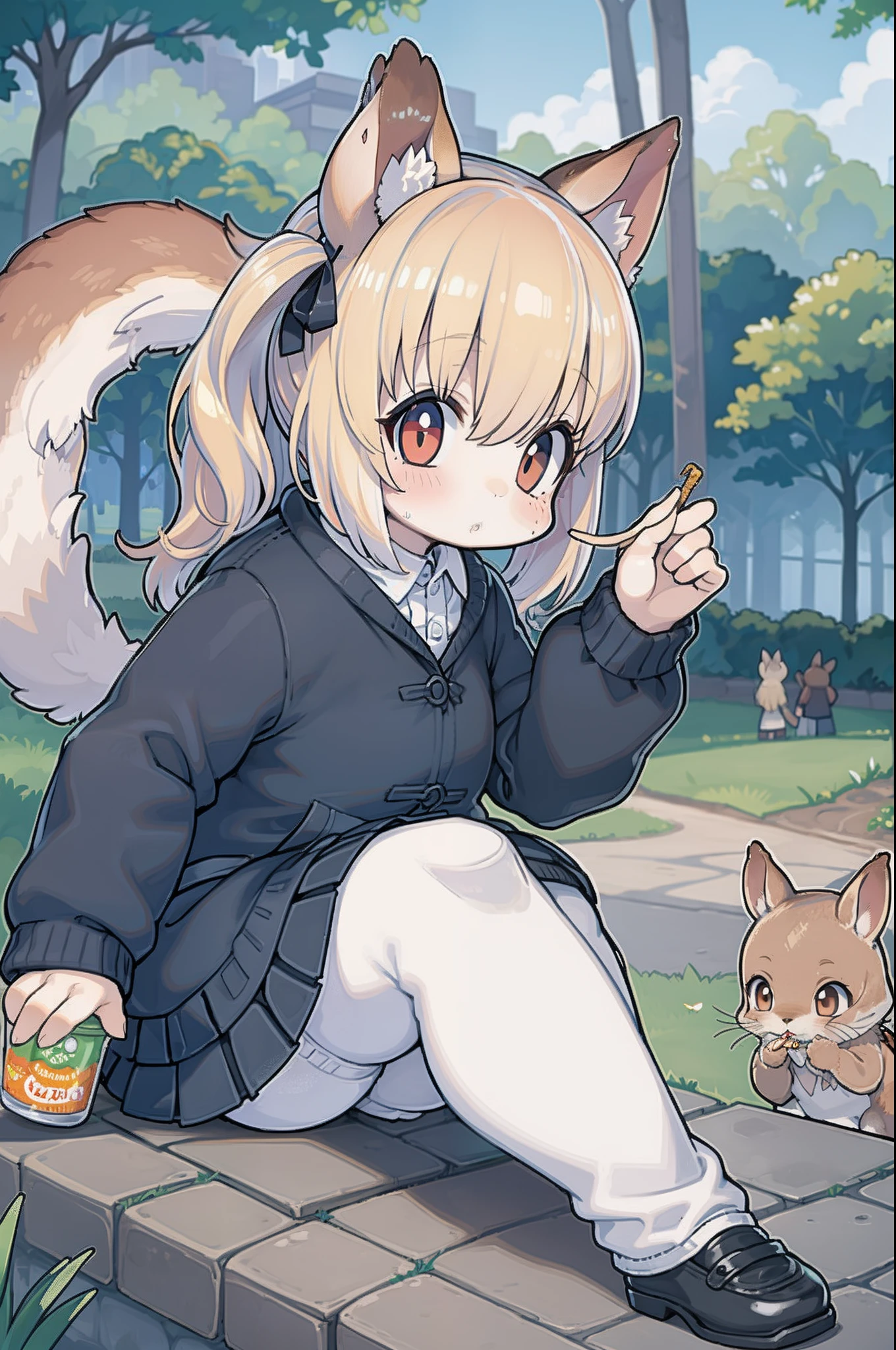 girl is feeding a group of squirrels in front of the park