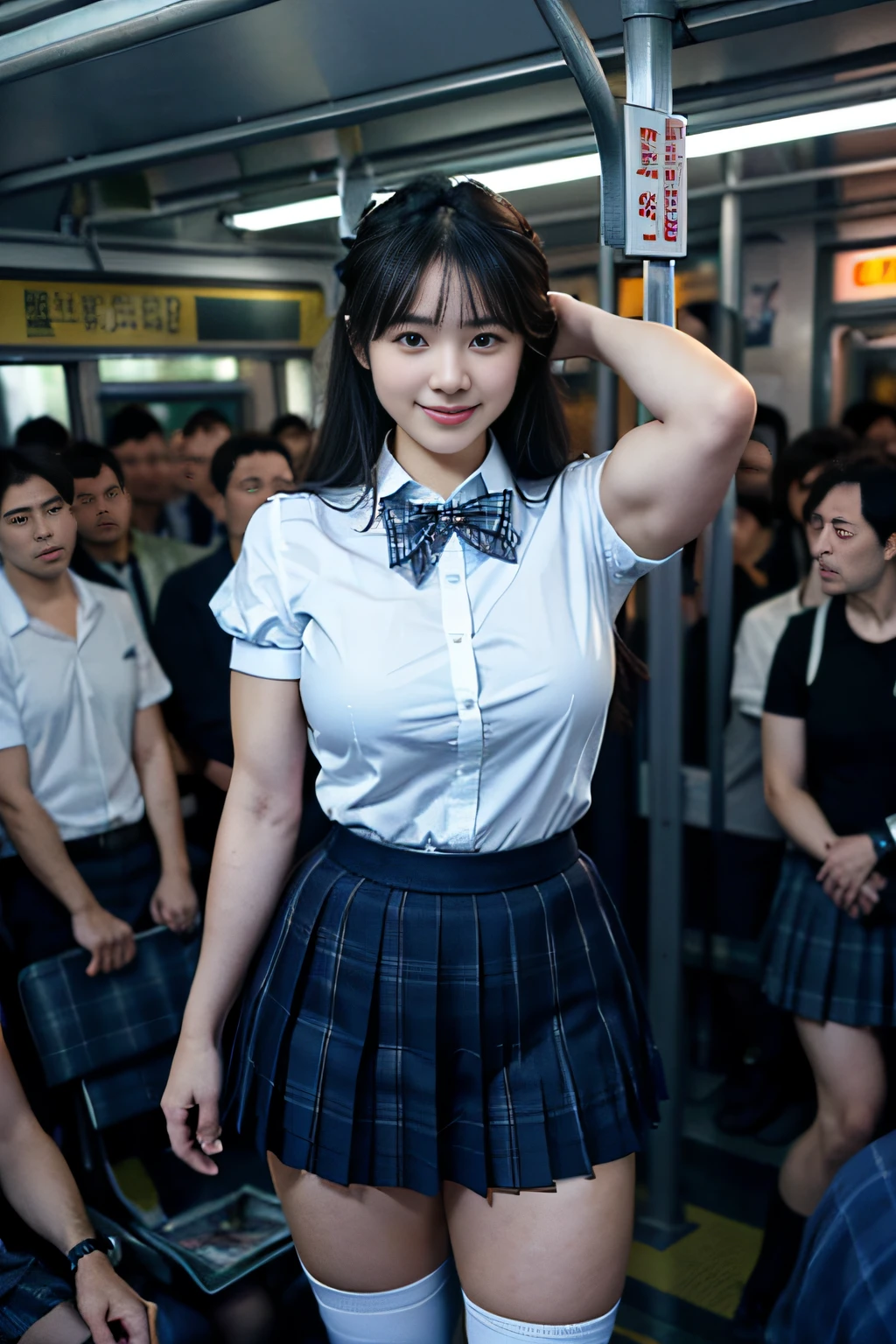 8k, RAW photos, ((Very cute slender Alafed Asian schoolgirl wearing short skirt and bow tie, hugged by businessman behind, on a crowded train)), (((Big: 1.1, Saggy breasts: 1.2)))), (White open button long shirt)), (Low angle shot), (High Definition Skin: 1.2), (Exposure: 1.5), (Exposed breasts: 1.5), (Exposed Crotch: 1.5), (Japan School Uniform), (Japan School Uniform), (Wearing Japan Uniform), (Surreal Schoolgirl), (Surreal Schoolgirl), (Schoolgirl Dressed, Surreal Schoolgirl), Wearing Uniform, Realistic Schoolgirl, Girl in Uniform, Schoolgirl Pose, Full Body, Lovely Skin, Glowing Skin, Lovely Thighs, Glowing Thighs, Glowing Legs, (Beautiful Brown Eyes, Brown Hair, White SkinBeautiful girl, pubic hair, with huge soft breasts and beautiful abs, ((on a crowded train)).