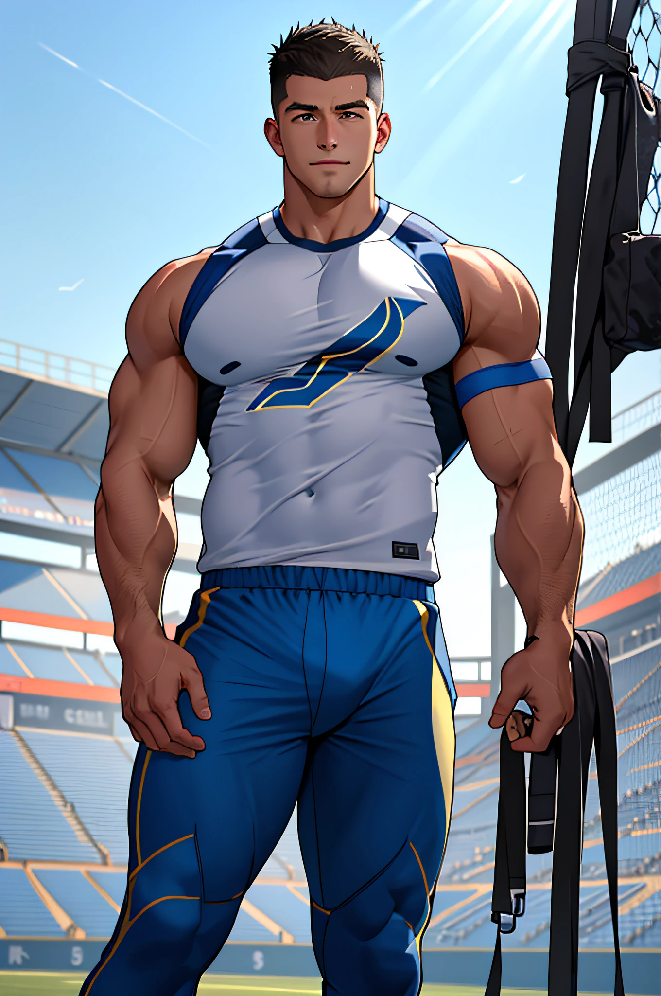 Draw a full-fledged athlete，Stand on the central field of the gym，He wears high-end sportswear，The man looks confident and determined，rays of sunshine，cheerful big breasts，Handsome，Crew cut，full bodyesbian，shooting from below，