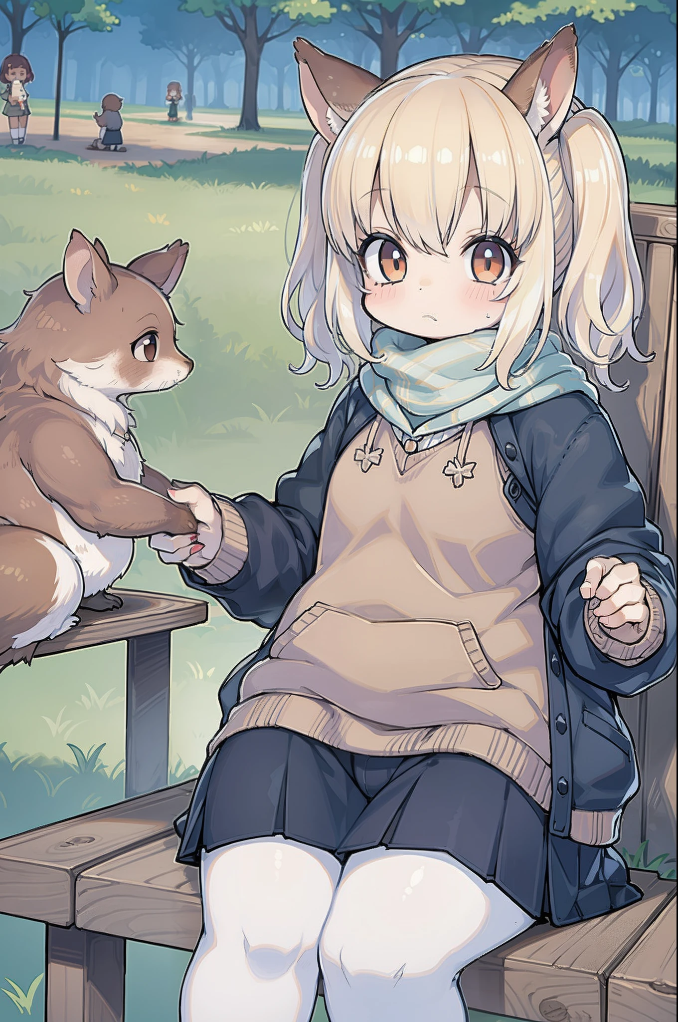 Little girl is feeding a group of squirrels in front of the park