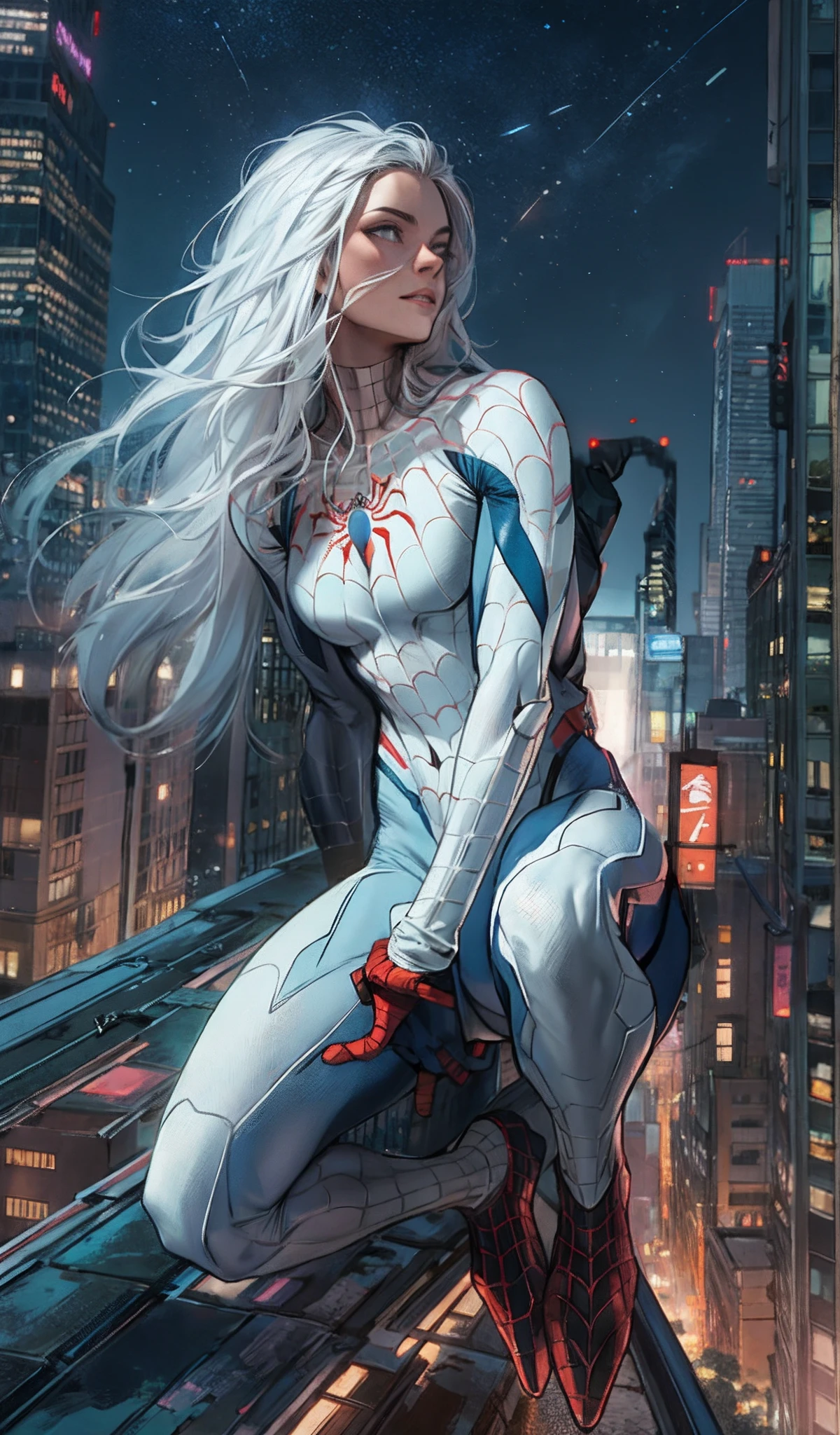 (Masterpiece, 4k resolution, ultra-realistic, very detailed), (Black superhero theme, charismatic, there's a girl on top of town, wearing Venom costume, she's a superhero), [ ((25 years), (long white hair:1.2), full body, (green eyes:1.2), ((Spider-Man pose), show of strength, jumping from one building to another), ((sandy urban environment):0.8)| (cityscape, at night, dynamic lights), (full moon))] # Explanation: The Prompt mainly describes a 4K painting of ultra-high definition, very realistic, very detailed. It shows a superheroine at the top of the city, wearing a Spider-Man costume. The theme in the painting is a venom superhero theme, the female protagonist has long white hair, is 25 years old and her entire body is shown in the painting. In terms of portraying the actions of superheroines, spiders are employed