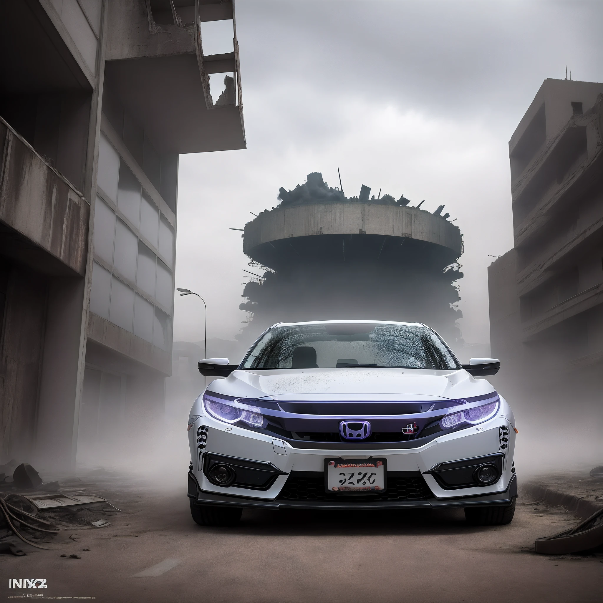 Cinematic photo, honda civic2017 white tuned, lowered wheels post-apocalyptic [stadium Destroyer, Back Angle, taken by IMAX 65mm camera, [cloudy with fog], hyper-detailed --ar 21:9 --style raw