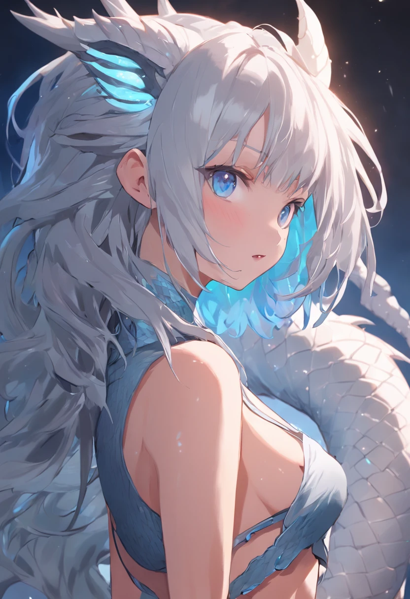 4K, high resolution, Best quality, Masterpiece, perfect colors, perfectly shaded, Perfect lighting, anthro, Furry art,  majestic dragon, scutes，Bicolor scales，Silvery hair，A scaly body, blue color eyes, Perfect female body, Perfect female figure, Wear women's crop top and shorts, Absmusculature, Detailed scales, Detailed face, Perfect face, (The stands up), Detailed background, ((Bonifasko lighting)), coda, (Detailed eyes), perfect pupils, Dragon's horn