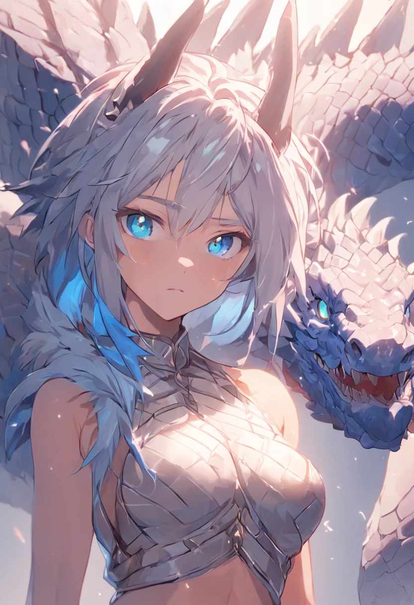 4K, high resolution, Best quality, Masterpiece, perfect colors, perfectly shaded, Perfect lighting, anthro, Furry art,  majestic dragon, scutes，Bicolor scales，Silvery hair，A scaly body, blue color eyes, Perfect female body, Perfect female figure, Wear women's crop top and shorts, Dragon's horns, Abs, musculature, Detailed scales, Detailed face, Perfect face, (The stands up), Detailed background, ((Bonifasko lighting)), coda, (Detailed eyes), perfect pupils,