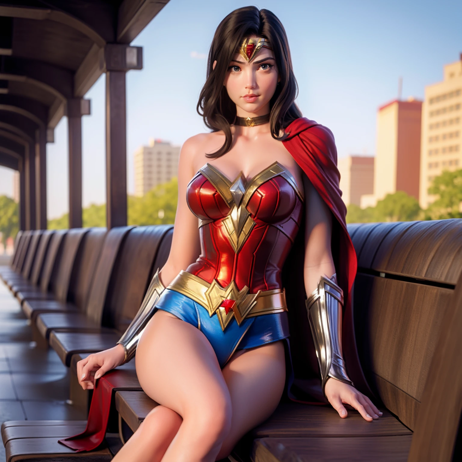 Superman as girl merge with wonder woman, sexy, sitting on bench, metropolitan background, sexy, alluring, sensual