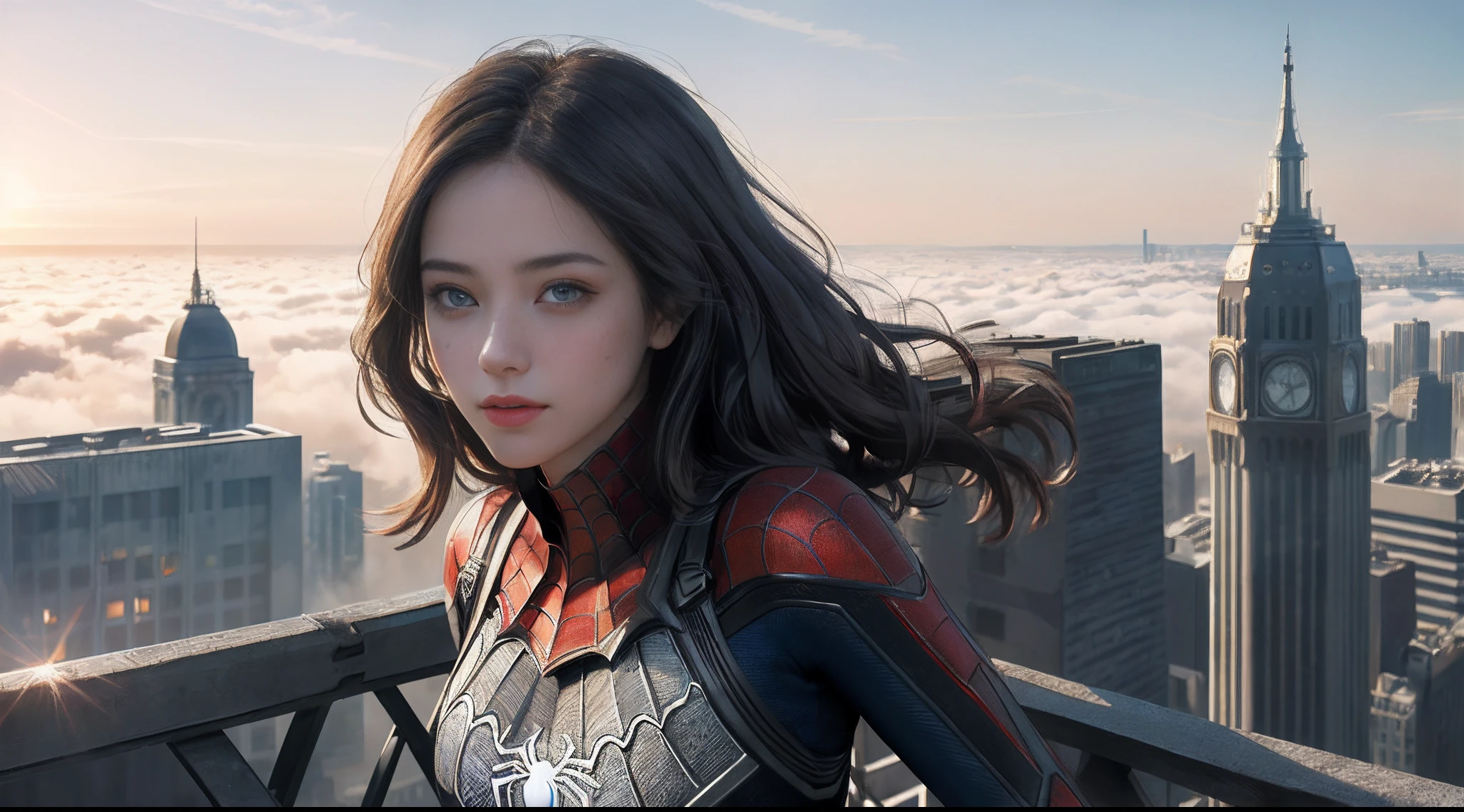 (1girl:1.3), Solo, (((Very detailed face)))), ((Very detailed eyes and face)))), Beautiful detail eyes, Body parts__, Official art, Unified 8k wallpaper, Super detailed, beautiful and beautiful, beautiful, masterpiece, best quality, original, masterpiece, super fine photo, best quality, super high resolution, realistic realism, sunlight, full body portrait, amazing beauty, dynamic pose, delicate face, vibrant eyes, (from the front), She wears Spider-Man suit, red and black color scheme, spider, very detailed city roof background, rooftop, overlooking the city, detailed face, detailed complex busy background, messy, gorgeous, milky white, highly detailed skin, realistic skin details, visible pores, clear focus, volumetric fog, 8k uhd, DSLR, high quality, film grain, fair skin, photo realism, lomography, futuristic dystopian megalopolis, translucent