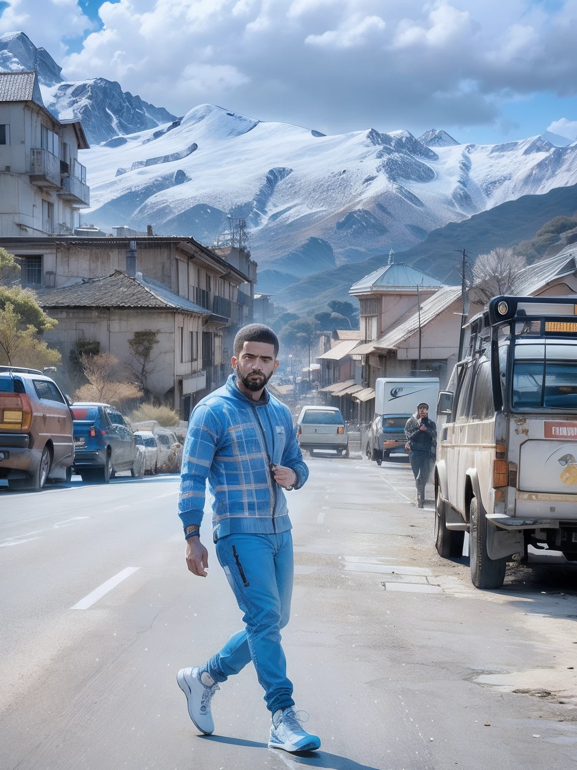 Drake wears a medium shot of Nike ACG+The acronym P31-DS trousers in Greg Rutkowski's style is inspired by ultra-8mm cinematic style, Black and white portrait of Stoic Paiseneca Aurelius 16:9 scale 4k Buenos Aires in the 70s