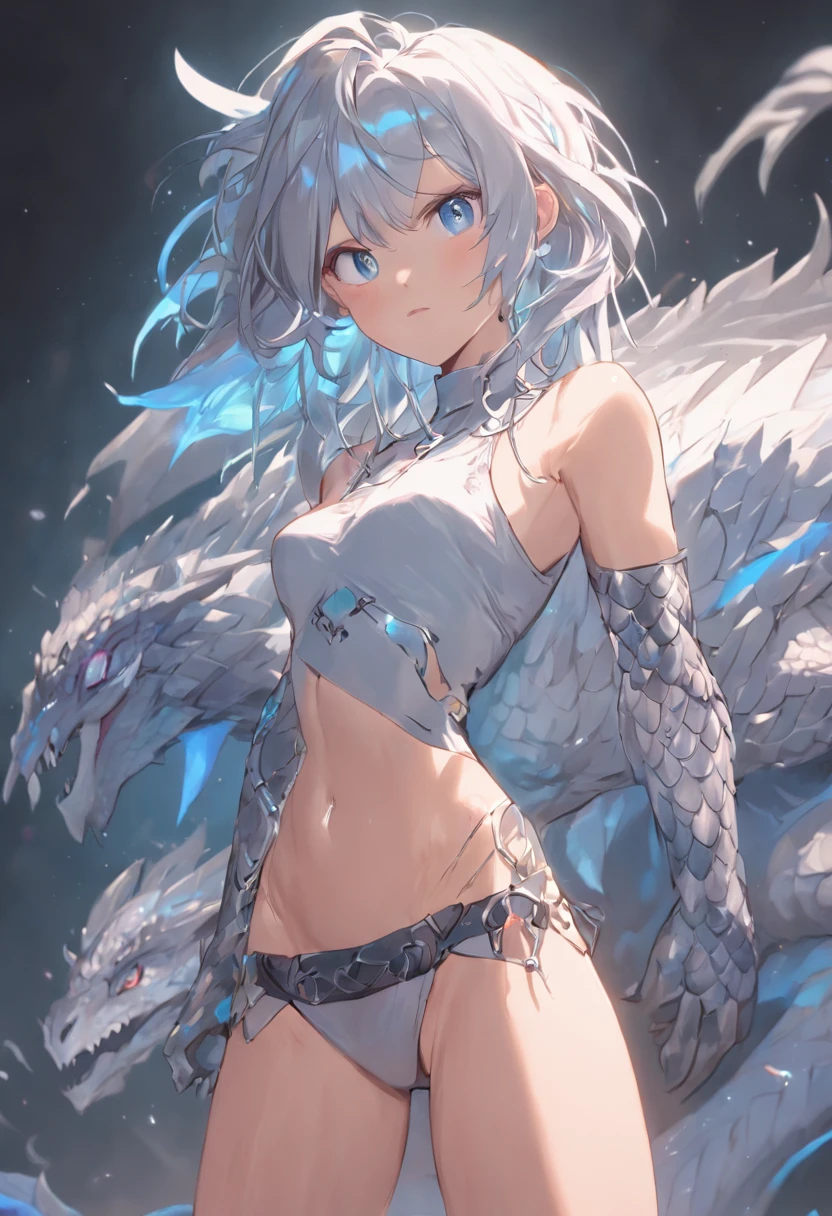 4K, high resolution, Best quality, Masterpiece, perfect colors, perfectly shaded, Perfect lighting, anthro, Furry art, majestic dragon, scutes,Bicolor scales,Silvery hair,A scaly body, blue color eyes, Perfect female body, Perfect female figure, Wear women's crop top and shorts, Absmusculature, Detailed scales, Detailed face, Perfect face, (The stands up), Detailed background, ((Bonifasko lighting)), coda, (Detailed eyes), perfect pupils, Dragon's horn
