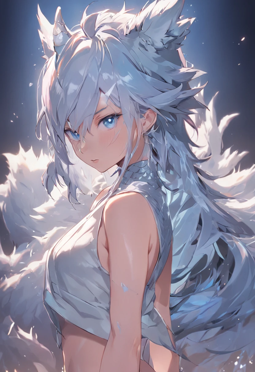 4K, high resolution, Best quality, Masterpiece, perfect colors, perfectly shaded, Perfect lighting, anthro, Furry art,  majestic dragon, scutes，Bicolor scales，Silvery hair，A scaly body, blue color eyes, Perfect female body, Perfect female figure, Wear women's crop top and shorts, Absmusculature, Detailed scales, Detailed face, Perfect face, (The stands up), Detailed background, ((Bonifasko lighting)), coda, (Detailed eyes), perfect pupils, Dragon's horn