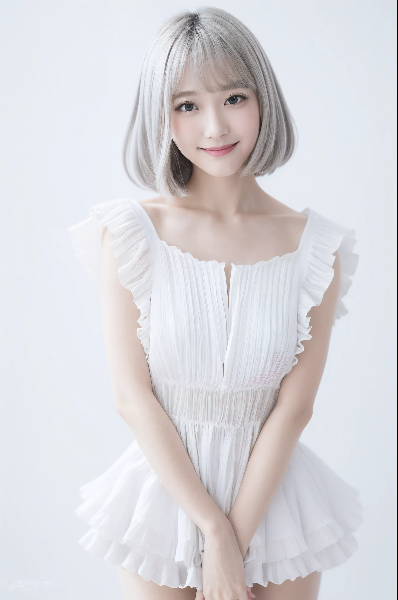 the Extremely Detailed CG Unity 8K Wallpapers、top-quality、ultra-detailliert、​masterpiece、studio shoot、Upper body portrait、From  above、(Blouse with white ruffles:1.4), White bouquet、realisitic、Photo Real、extremely detailed cute girl、独奏、20yr old、japanes、A smile, (White plain color background:1.5), Silvery hair, Long curly bob cut, out of focus、blur、