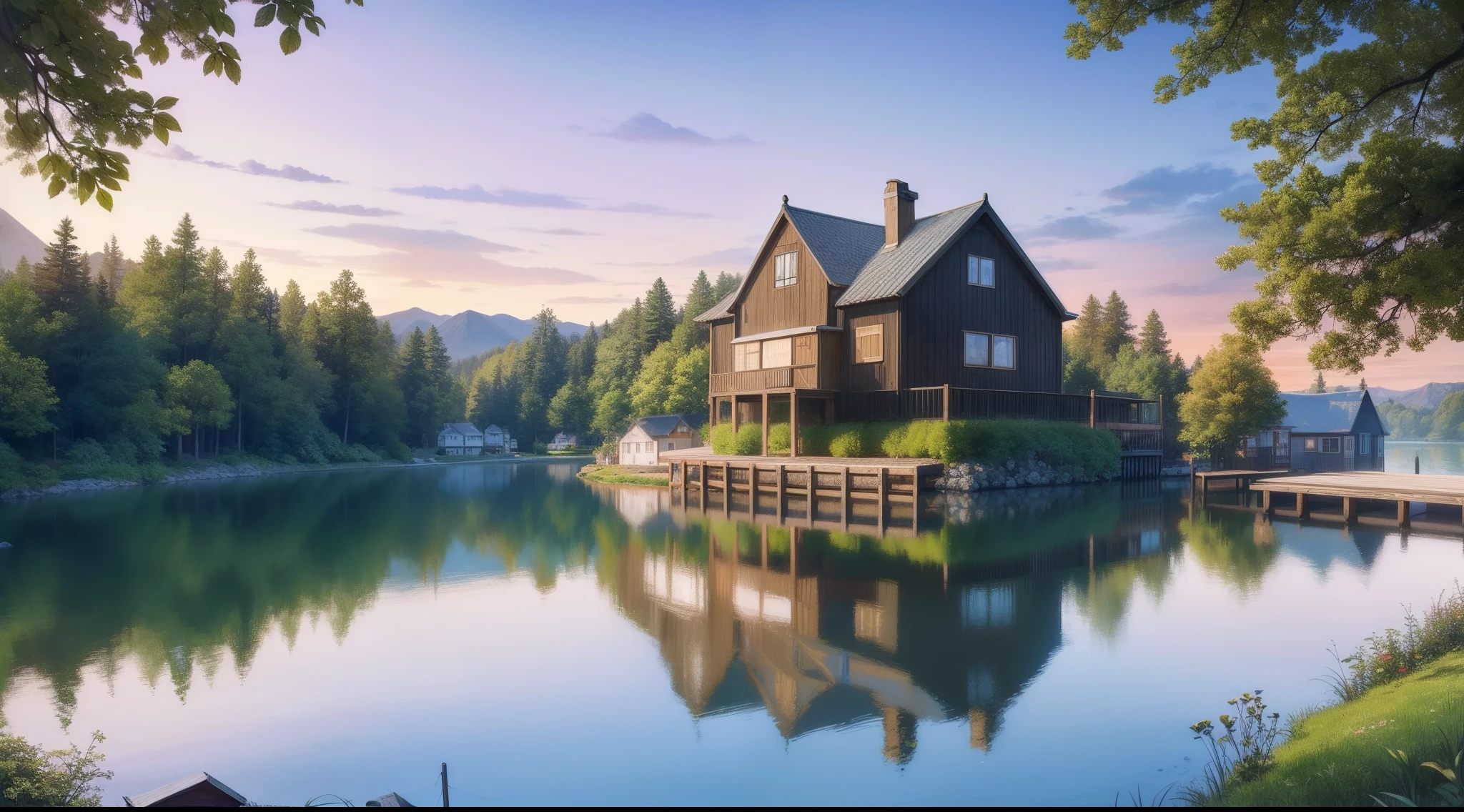 painting of a boat docked at a dock with a house on the shore, lake house, beautiful artist rendering, beautiful detailed scene, beautiful rendering, idyllic cottage, by Stan Stokes, beautiful painting, log cabin, by Howard Lyon, wooden cottage, calm evening, peaceful scene, detailed realistic painting, detailed 4 k oil painting, highly detailed painting, scenery art detailed