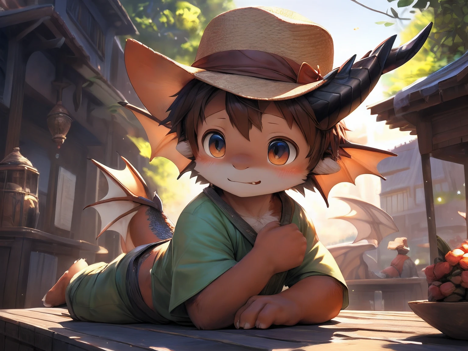 Solo,(komono:0.8),(Shota,child,cub,Young,tchibi,bishounen,Petite,short stack,Adorable:1.1),(Anime face,Kawaii expression,cute fang),(Handsome:1).
break
Brunette male pupils, A ((((Dragons)))) Has ((Dragon horn)), Short-sleeved shorts, wearing long cloaks, a straw fedora hat,There are two streamers on it,Countless wind chimes, The green flute sits on the back of a large bird made of water, Behind him were more birds.
Break
(Cinematic lighting), ((Detailed background)), ((Looking down)), (((three fourths view))), (((flustered))), (bedroom eyes),(rough breath),(Happy mouth),(Seductive),(Lust),(half body shadow),Pink paw pads,clawed paws,4 fingers,3 toes,Delicate muscle lines,(detailed bulge:0.5),(erection under clothes:0.5),(flaccid:0.5),(Not retracted_Wrapping:0.5),(Animal_:0.5),(_Tip:0.5),(Leaking_how to:0.5).
break
Ultra-detailed,(NSFW:1.2),Colored digital line art,Photorealistic,(Flat color:1.2),thick outline,(limited palette:1.1),Game CG,(。.3D:1.2),(Photorealistic:1.2),(Masterpiece,Best quality,Great,Highly detailed CG unity 8k wallpaper,Super fine illustration:1.2),Extremely detailed,voluminetric lighting,Best shadows,(Depth of field,Particles of Light,Cinematic lighting:1.1),wind lift,speed-line,offcial art.
Break
(author:Lin Dong:1.25),(by Blotch:1.25),(author:Mamado:1.1),(author:Xia Huaiting:1.1),(By Telson:1.1),(author:Taran Fidler:1.1),(author:Kilver:1),(author:Oxford 2199:1),(By Syuro:1.2),(author:S1M:1.2).
break
Bright colors,shaded,countershading,High contrast,Photography \(artwork of a\),(Realistic:1.2),(hi,It's nothing,absurd res:1.2),Perfect ???????,Anatomically correct,Detailed,Detailed face,Detailed eyes,(Realistic fur,Detailed fur:1.25),Detailed background,amazing background.