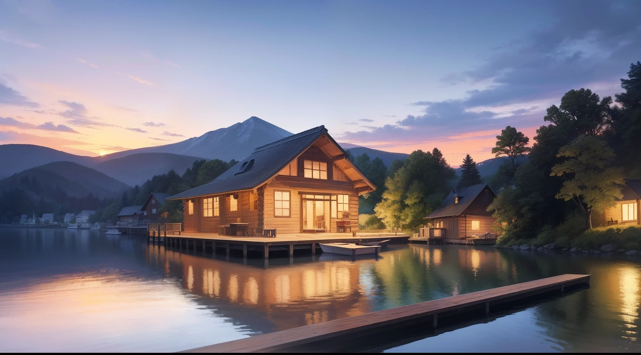 painting of a boat docked at a dock with a house on the shore, lake house, beautiful artist rendering, beautiful detailed scene, beautiful rendering, idyllic cottage, by Stan Stokes, beautiful painting, log cabin, by Howard Lyon, wooden cottage, calm evening, peaceful scene, detailed realistic painting, detailed 4 k oil painting, highly detailed painting, scenery art detailed