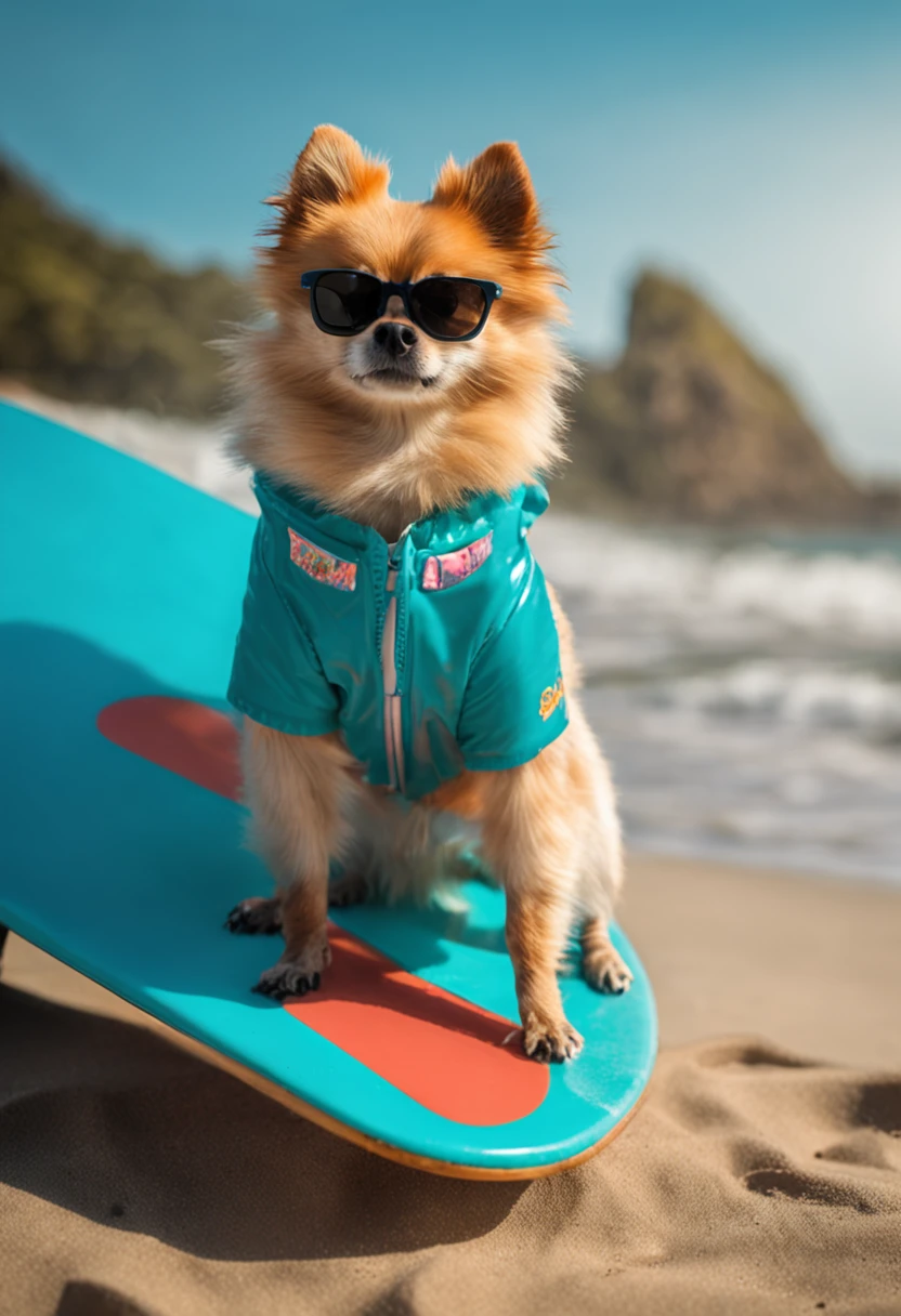 A super stylish Pomeranian Lulu, with sunglasses and a custom surfboard, deslizando em uma onda azul cristalina.
