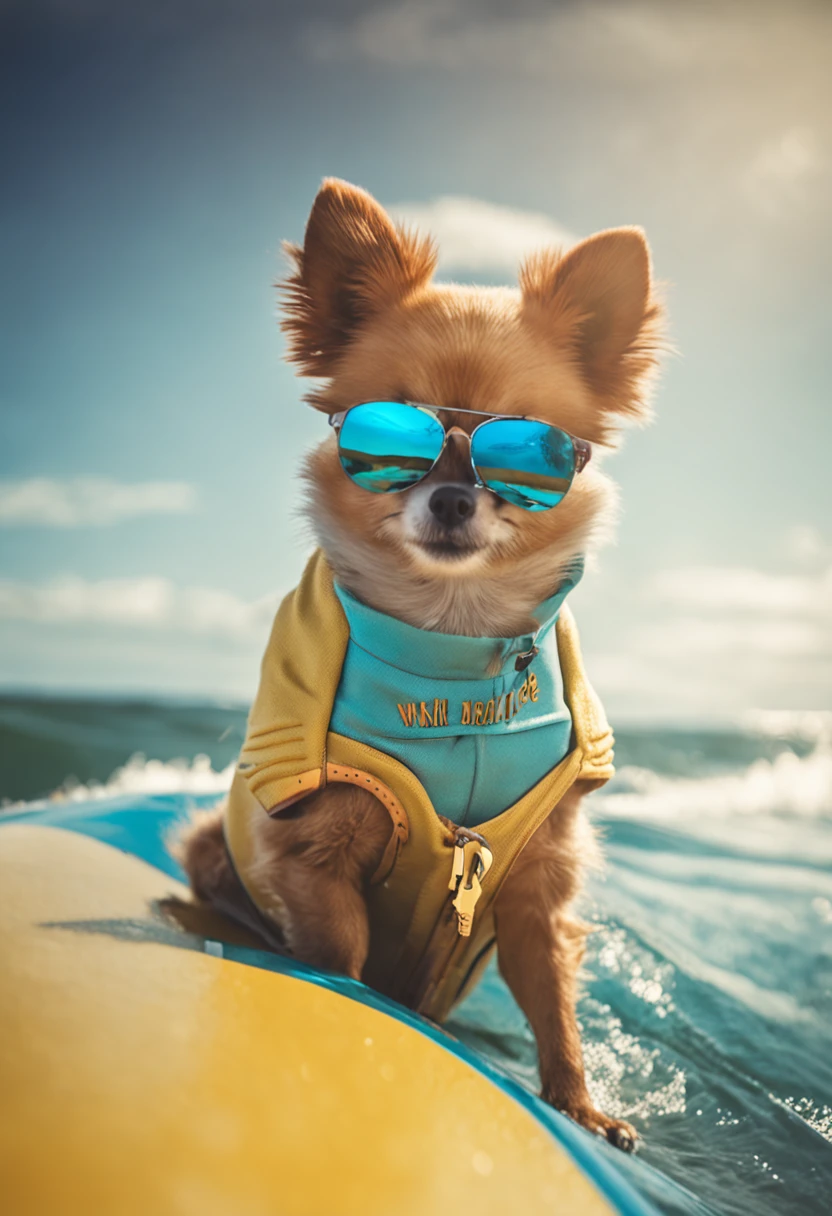 A super stylish Pomeranian Lulu, with sunglasses and a custom surfboard, deslizando em uma onda azul cristalina.
