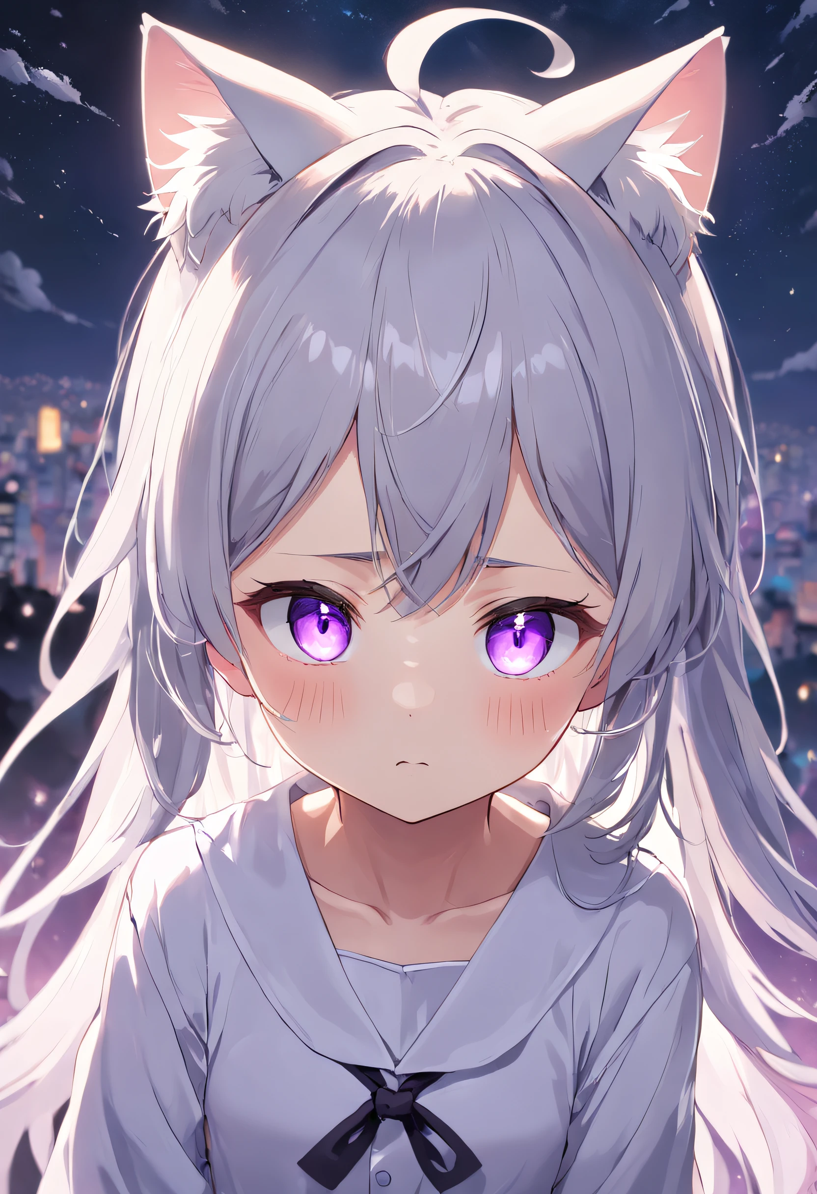 White long sleeve shirt、shining purple eyes，[Cute little girl s:1.5]、Cat ears，Touch、[Shy appearance:1.5]，Open white shirt，a cute loli，Look up at your head，Beautiful eyes，，Cute faces in anime，Long grey hair,[spoiled child],Ahoge fascinates,Beautiful eyes、8k picture