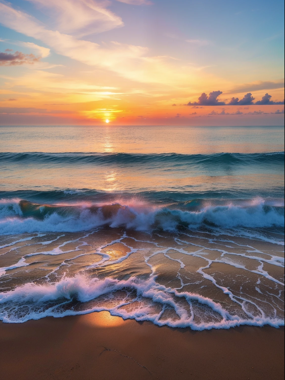 An absolutely mesmerizing sunset over the beach, with a blend of oranges, pinks, and yellows filling the sky. Crystal-clear waters of the sea gently kissing the shore, with sandy white beach stretching far and wide. The scene is dynamic and breathtaking, with seagulls soaring high in the sky and gently swaying palm trees. Take in the calming atmosphere and let the peacefulness wash over you.
