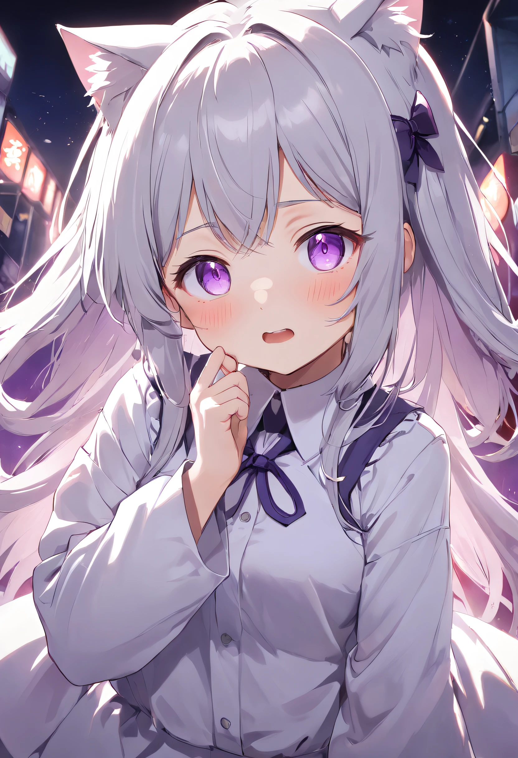 White long sleeve shirt、shining purple eyes，[Cute little girl s:1.5]、Cat ears，Touch、[Shy appearance:1.5]，Open white shirt，a cute loli，Look up at your head，Beautiful eyes，，Cute faces in anime，Long grey hair,[spoiled child],Ahoge fascinates,Beautiful eyes、8k picture