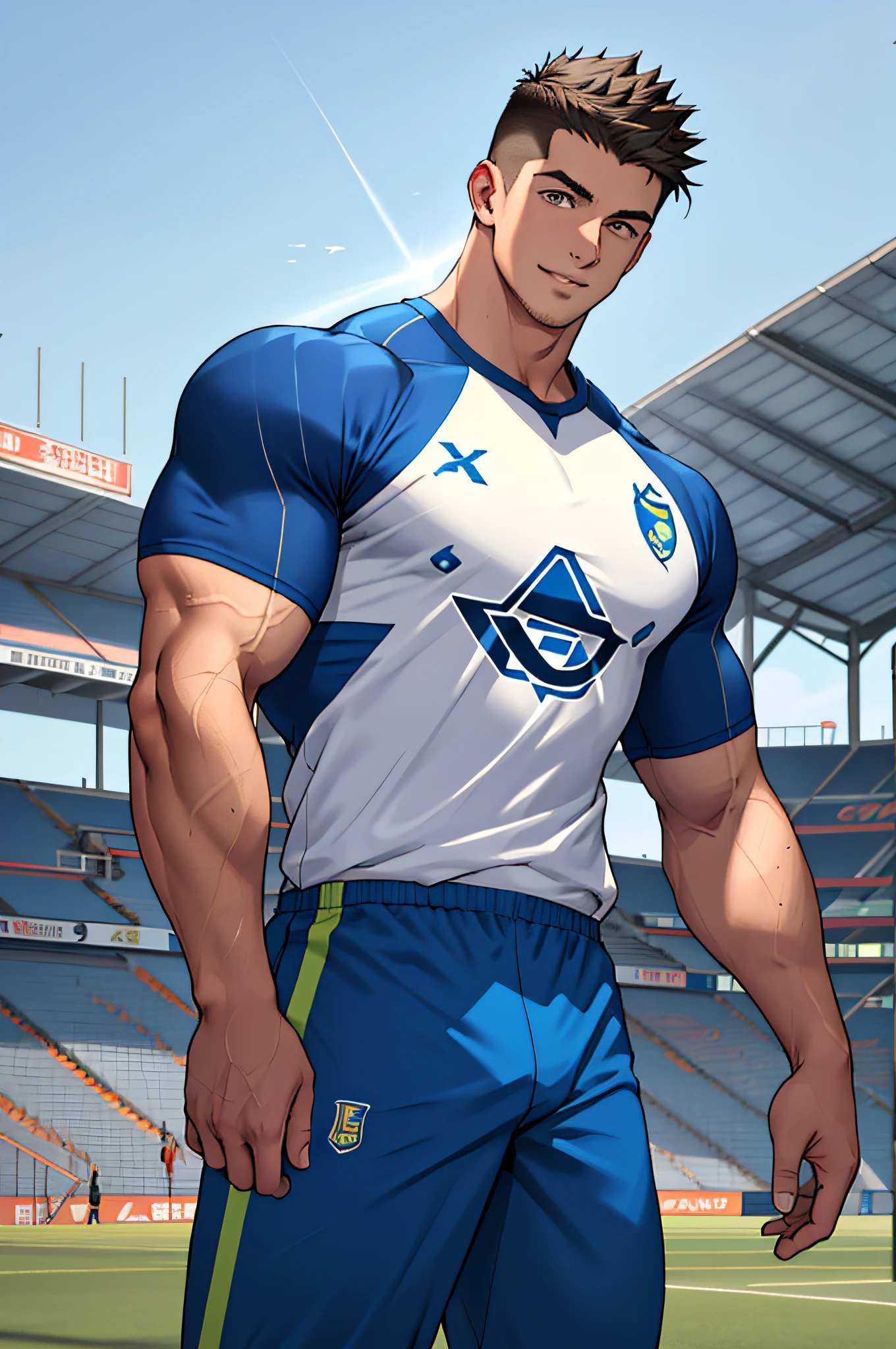 Draw a full-fledged athlete,Stand on the central field of the gym,He wears high-end sportswear,The man looks confident and determined,rays of sunshine,cheerful big breasts,Handsome,Crew cut,full bodyesbian,shooting from below,