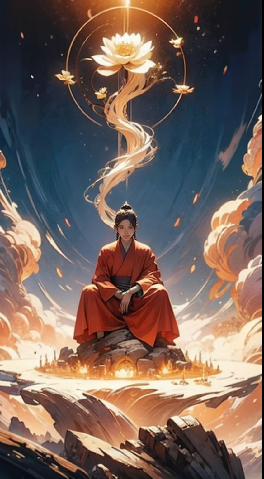 (Chinese immortals), (Buddhism), Multip_Hands,(mythological stories), (bodhisattva), She sits on a lotus, (Three hands on the left,Three hands on the right, Each hand holds a different Buddhist vessel, left right symmetry),(Delicate and beautiful face), (White silk robe)sitting on a lotus flower, Frontal photo,Light smile, neo-classical, OP Art