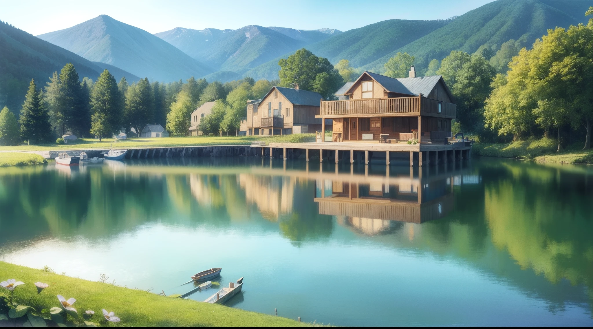 painting of a boat docked at a dock with a house on the shore, lake house, beautiful artist rendering, beautiful detailed scene, beautiful rendering, idyllic cottage, by Stan Stokes, beautiful painting, log cabin, by Howard Lyon, wooden cottage, calm evening, peaceful scene, detailed realistic painting, detailed 4 k oil painting, highly detailed painting, scenery art detailed