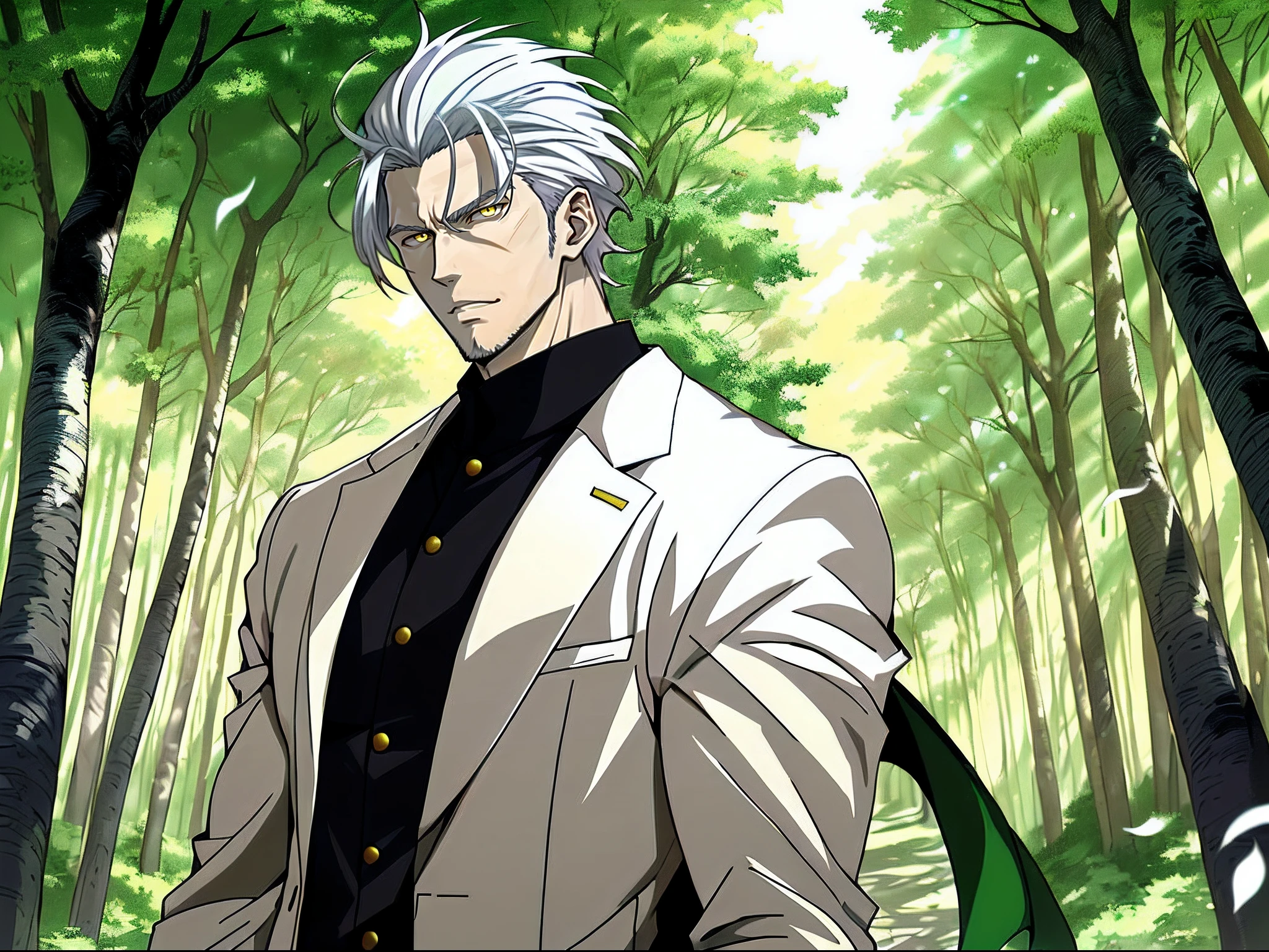 Anime characters with white hair and yellow eyes standing in the green woods,White clothes，Anime portrait of a handsome man, Tall anime man with yellow eyes, Anime handsome man, a silver haired mad, White color hair, handsome guy in demon killer art, offcial art