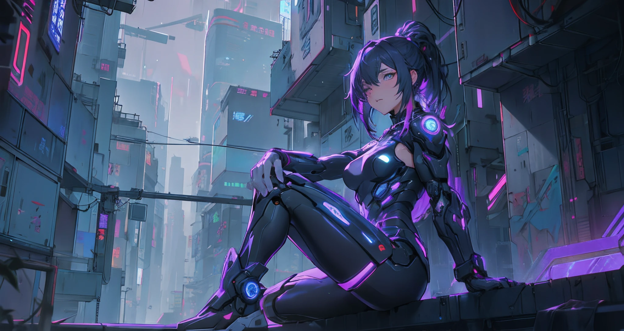 Cyber girl sitting on a ledge in the city at night。Cyberpunk anime art envelops her as digital worlds intersect。Modern cyberpunk art style illuminated by neon lights、It depicts a fusion of an anime girl and a mecha.。This art with a cyberpunk theme is、Feel like a dreamy future。With the scenery of a cyberpunk city lined with skyscrapers、Her presence is enchanting,、It seems to be wrapped in a mysterious magic。