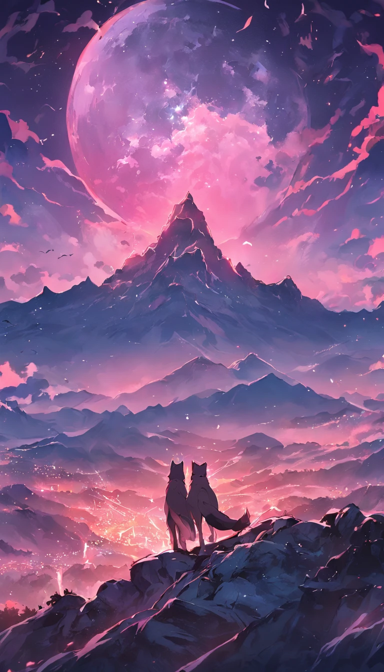 two mountain, wolf and behind the mountain thee is a super moon, nieght vibes, aurora in the sky, there is a lake in the middle, 4K, cinematic