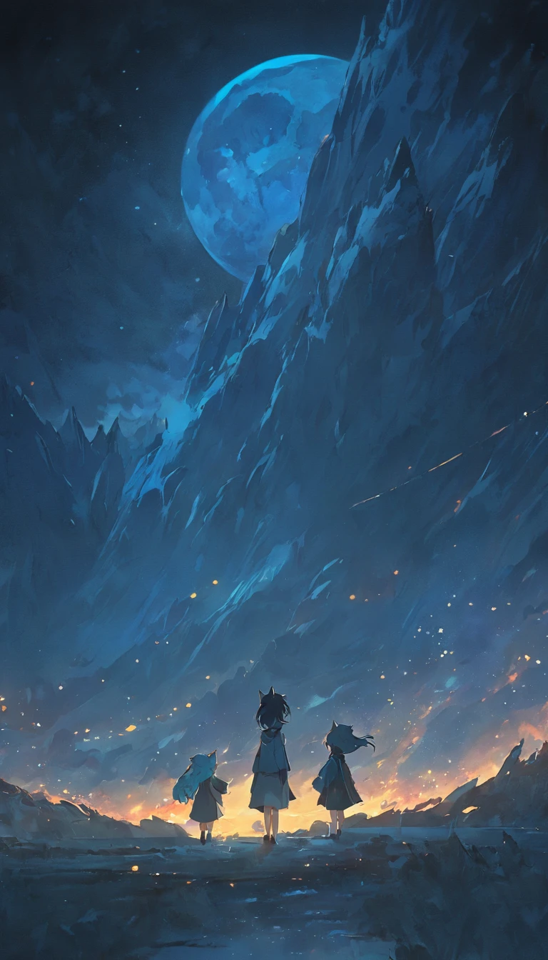 two mountain, wolf and behind the mountain thee is a super moon, nieght vibes, aurora in the sky, there is a lake in the middle, 4K, cinematic