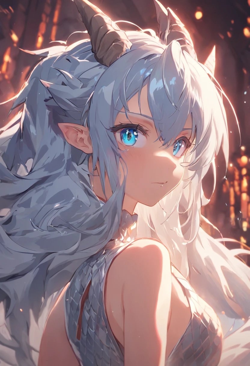 4K, high resolution, Best quality, Masterpiece, perfect colors, perfectly shaded, Perfect lighting, anthro, Furry art,  majestic dragon, scutes，Bicolor scales，Silvery hair，A scaly body, blue color eyes, Perfect female body, Perfect female figure, Wear women's crop top and shorts, Dragon's horns, Abs, musculature, Detailed scales, Detailed face, Perfect face, (The stands up), Detailed background, ((Bonifasko lighting)), coda, (Detailed eyes), perfect pupils,