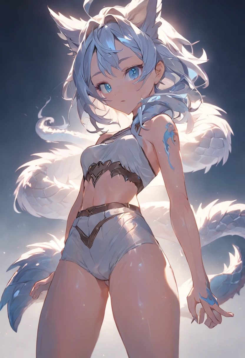 4K, high resolution, Best quality, Masterpiece, perfect colors, perfectly shaded, Perfect lighting, anthro, Furry art, majestic dragon, scutes,Bicolor scales,Silvery hair,A scaly body, blue color eyes, Perfect female body, Perfect female figure, Wear women's crop top and shorts, Dragon's horns, Abs, musculature, Detailed scales, Detailed face, Perfect face, (The stands up), Detailed background, ((Bonifasko lighting)), coda, (Detailed eyes), perfect pupils,