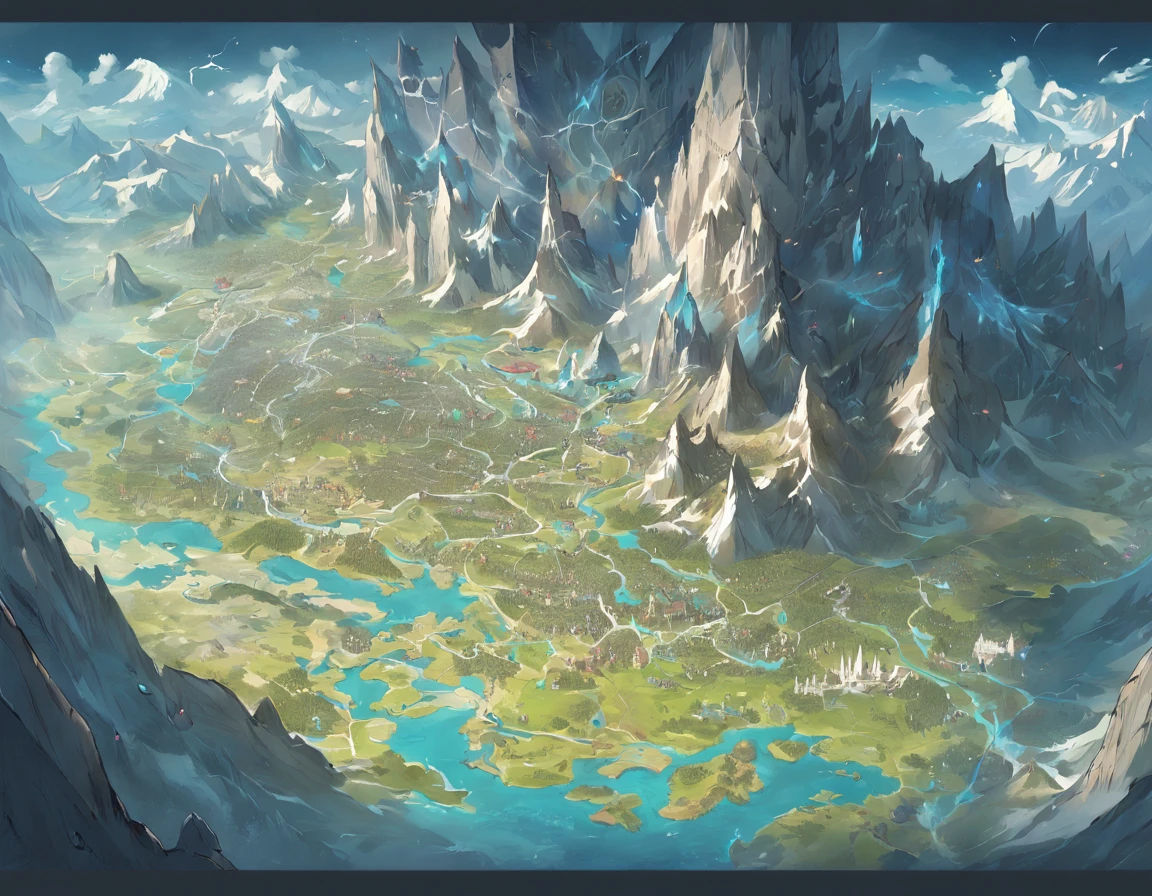 MAP, Map of a fantasy continent，In the middle of the map is the country of humanity, montains and hill，To the north is where the dwarves of the Land of Ice and Snow live，The south is the country of orcs，To the west is the Land of Dragons, To the east is the land of the elves, forrest ,lord of the rings map