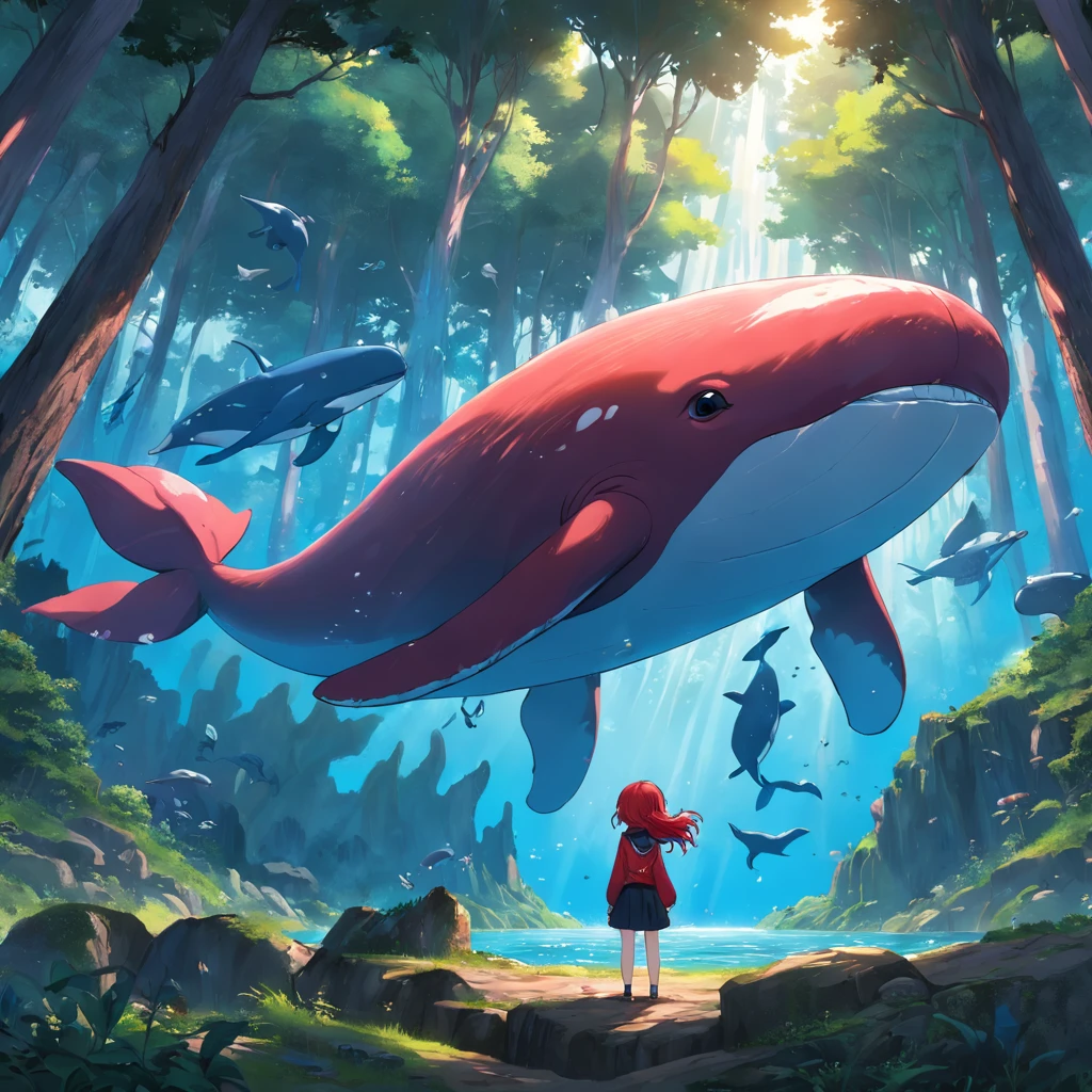 Fantastic atmosphere with a red-haired girl sitting on the back of a fat red whale, Cute whale image, The whale's tail is pointing upwards in the air, Fantastic forest with big trees in the background, stereogram, high quality, masterpiece