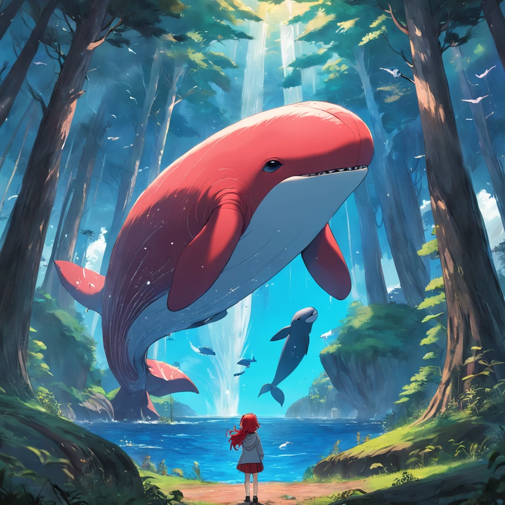 Fantastic atmosphere with a red-haired girl sitting on the back of a fat red whale, Cute whale image, The whale's tail is pointing upwards in the air, Fantastic forest with big trees in the background, stereogram, high quality, masterpiece