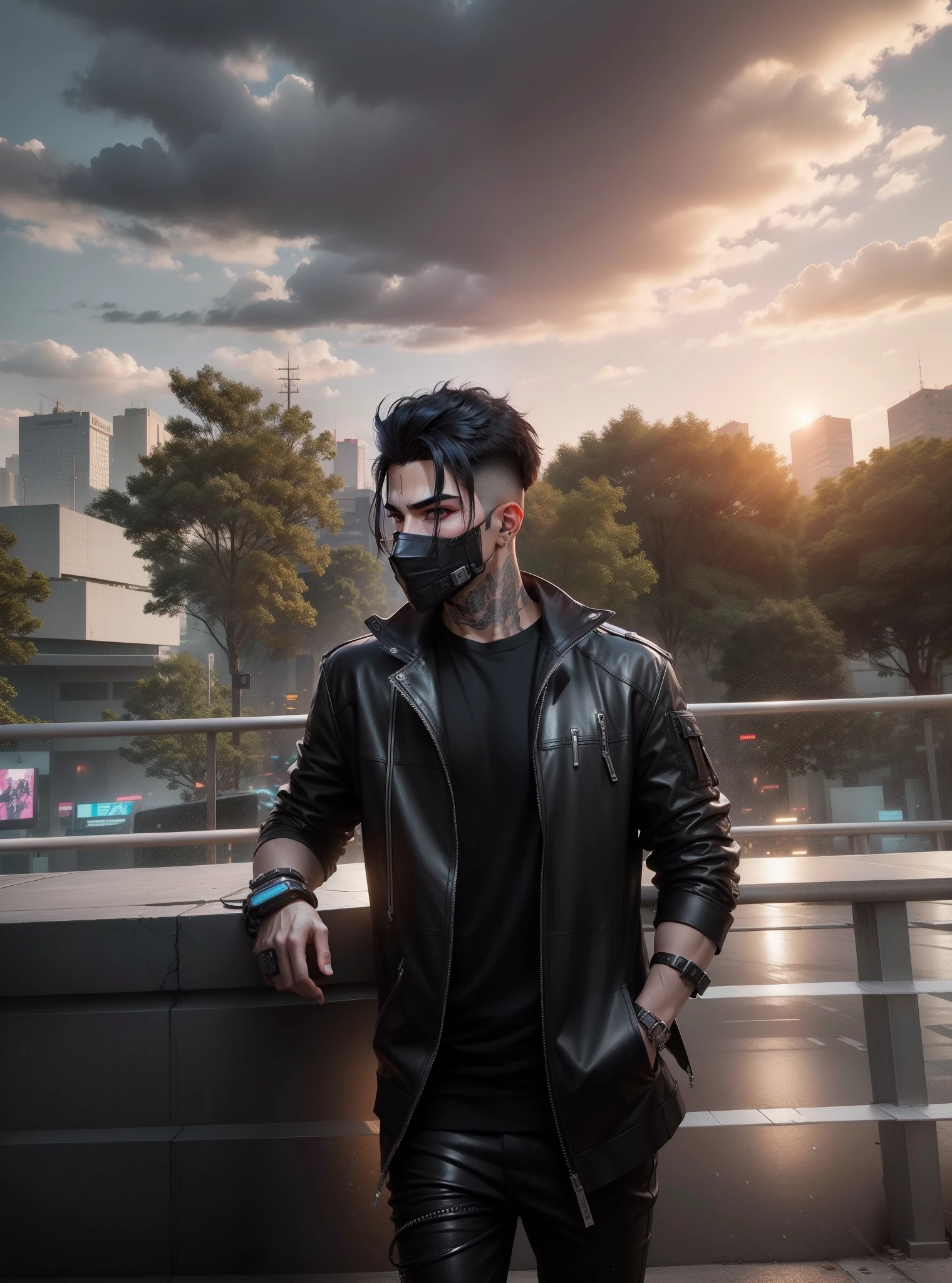 Change background, black hair colour , cyberpunk handsome boy , realistic face , ultra realistic ,