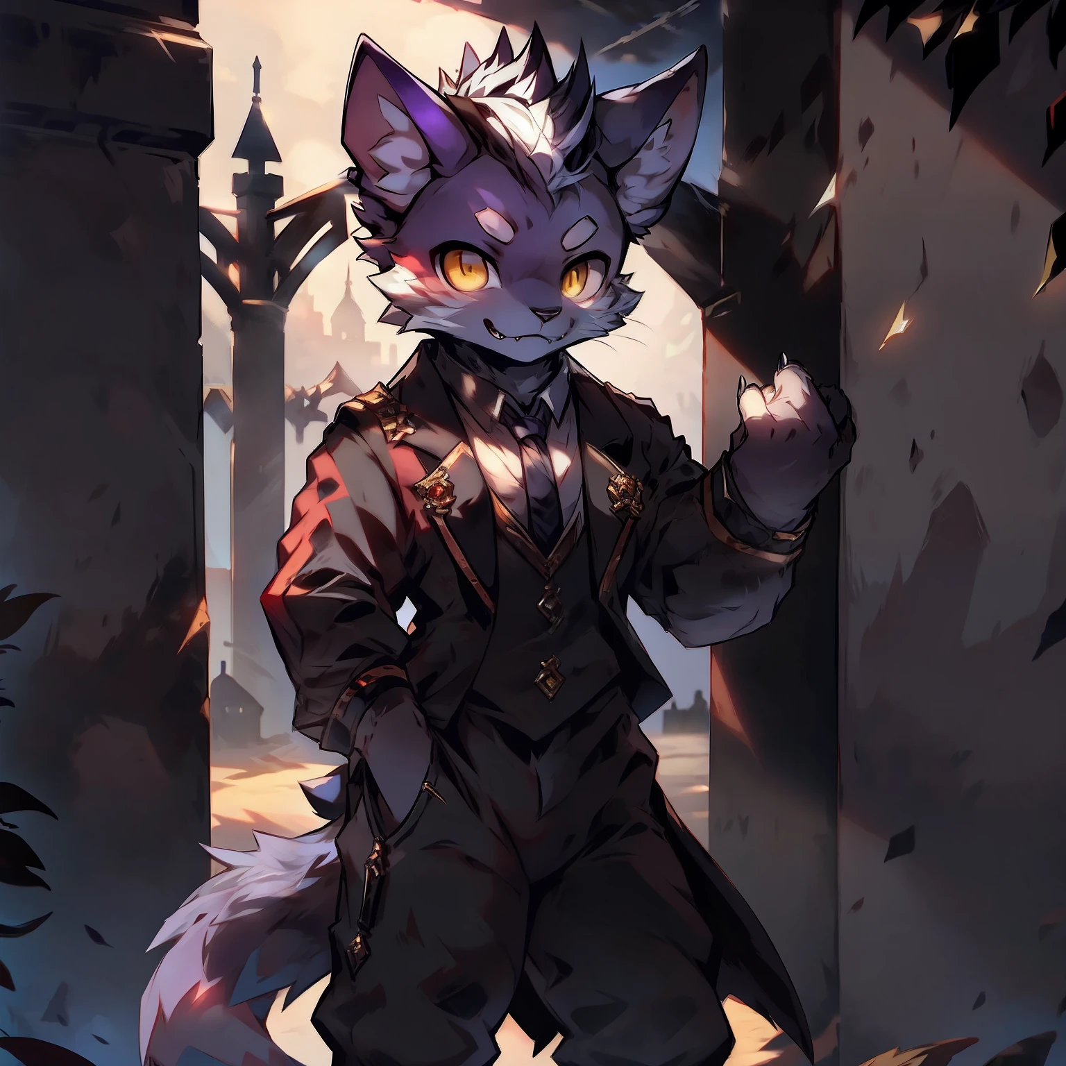Best quality, Young, 15 year old, Furry, Solo, Male Tiger: 1.5, Purple fur: 1.5, Purple Ears, Animal Ear, Yellow eyes, Muscular body, Wearing black Mafia suit, Standing in the courtyard of British castle, Mohawk hair, Rich body movements, Detailed fur, Detailed clothes, Complex background, fangs, cat whiskers.