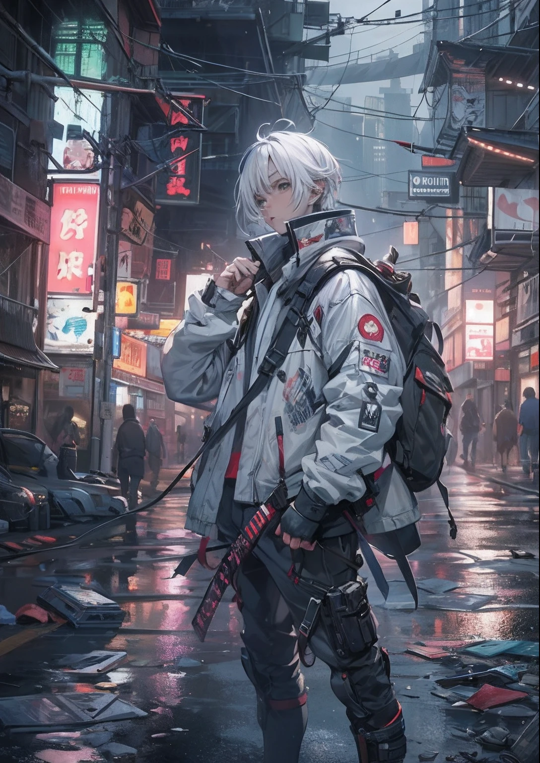 1boy,a 13 yo boy、Cyberpunk Boy、katanas,white  hair、Spiky hairstyle、Whole body bloody、Back lighting,The beginning of the adventure、Lots of clouds,heavy fog、Chaotic city of the future、ruined and devastated city、dystopian、A very complex group of buildings stands in the center、Highly complex Chinese buildings、Pretty dim lighting、Dark road、puddles、Chaotic landscape、Beautiful and fantastic scenery、Cinematic scenery、hightquality、masutepiece,8K、hight resolution、ultra-detailliert,