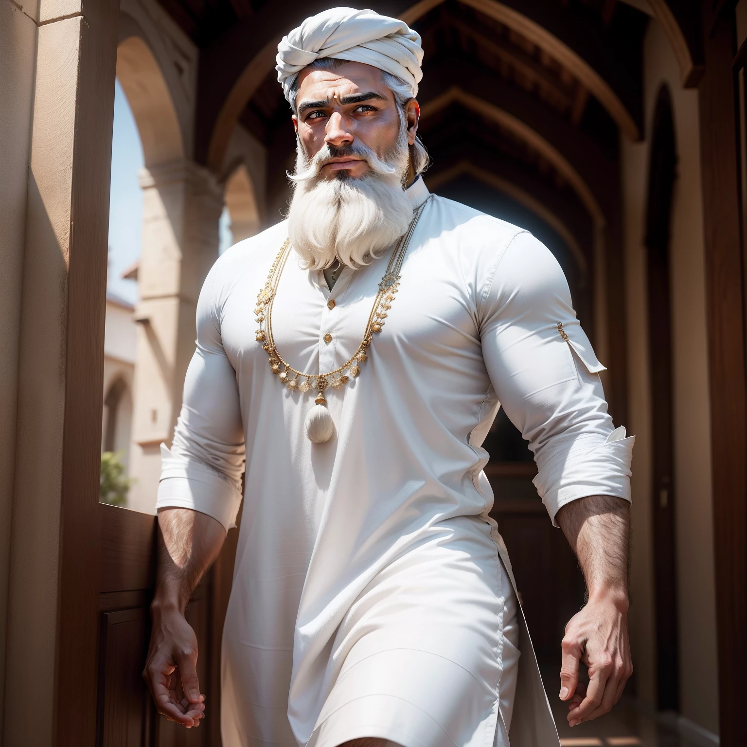 create a xeque), Turbante, xeque, Arabia, joia, musculoso, badboy, terno, dress with silver terno, mafioso, parece ruim, forte e musculoso, (Moreno com cara de modelo), homem parecido com o ator Henry Caviel, (imagem realista e de alta qualidade), ((melhor qualidade, 8k, obra de arte).
