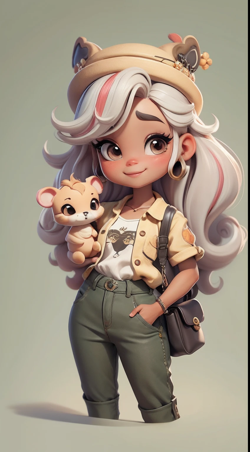 Create a series of cute afro chibi style dolls with a cute safari theme, each with lots of detail and in an 8K resolution. All dolls should follow the same solid background pattern and be complete in the image, mostrando o (corpo inteiro, incluindo as pernas: 1.5)

Boneco Mini Safari: Chame-o de Manuel. Ele deve ter cabelo pequeno em tom multicolorido. Seus olhos devem ser grandes e expressivos, with long eyelashes and rosy cheeks. Sorriso delicado e branco. Manuel deve estar vestido com uma jaqueta, Camiseta, pants and an ornate safari hat. She must hold safari accessories. Certifique-se de adicionar detalhes nas roupas, such as buttons and pockets, sapato bonito

Certifique-se de adicionar sombras, texturas e detalhes nos cabelos, roupas, Safari utensils, to make them even more adorable and charming.