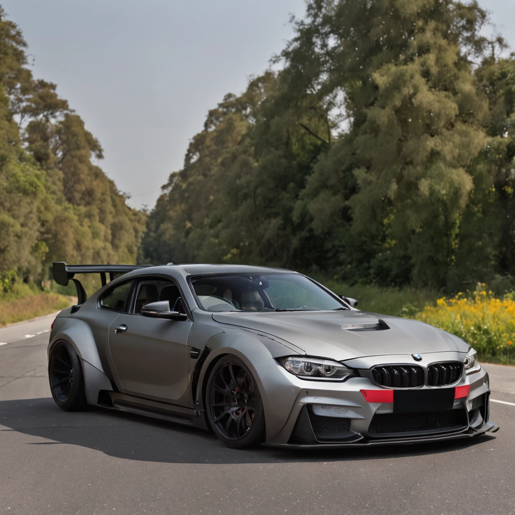 Bmw with liberty walk bodykit, riding on the road, in sunshine morning, The direction of the front of the car is on the left, Don’t make photos too cartoony