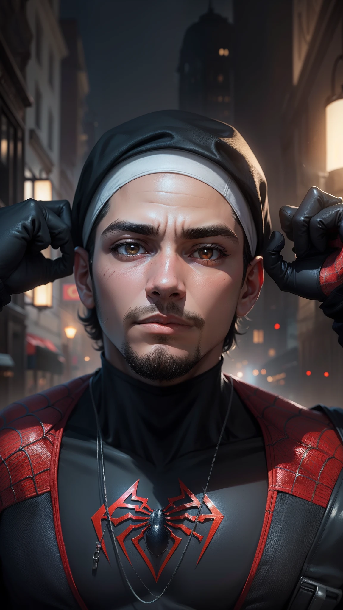 (Award-winning digital art: 1.3) from (Sketch: 1.3),(Energetic:1.3),CGSociety,ArtStation,(Saturated:1.3),(close portrait:1.3),(Male:1.4),(cute:1.4 ), (attractive: 1.3), beautiful, calendar pose, perfectly detailed eyes, studio lighting, cobweb-themed background, boy, short hair, black hair, black eyes, black hair, spider man wearing Muslim cap