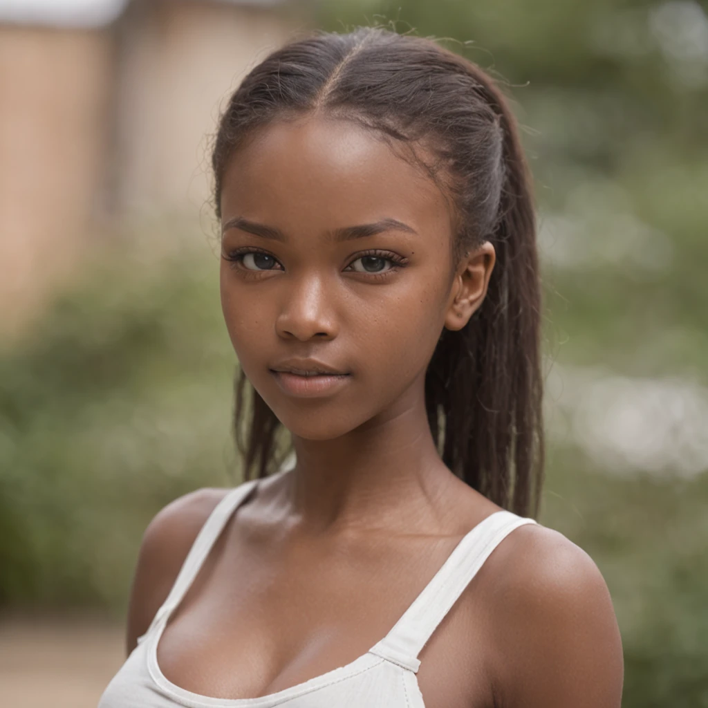 best quality, high detail, (detailed face), detailed eyes,((best quality, masterpiece)), ((2 caramel skinned African girl)), school uniform, large butt, (arms at side:1.2), groin,big hip bones, ponytail, black hair, (((underboob))), standing, outdoors, looking at viewer,